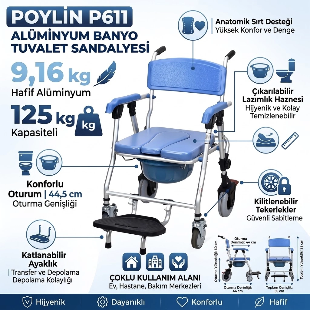 Poylin P611 Alüminyum Banyo Tuvalet Sandalyesi