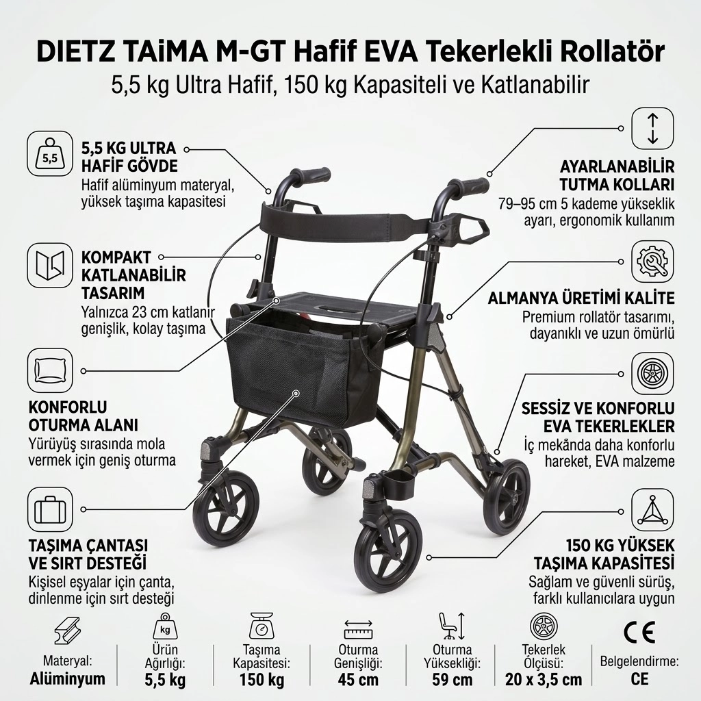 DIETZ TAiMA M-GT Hafif EVA Tekerlekli Rollatör