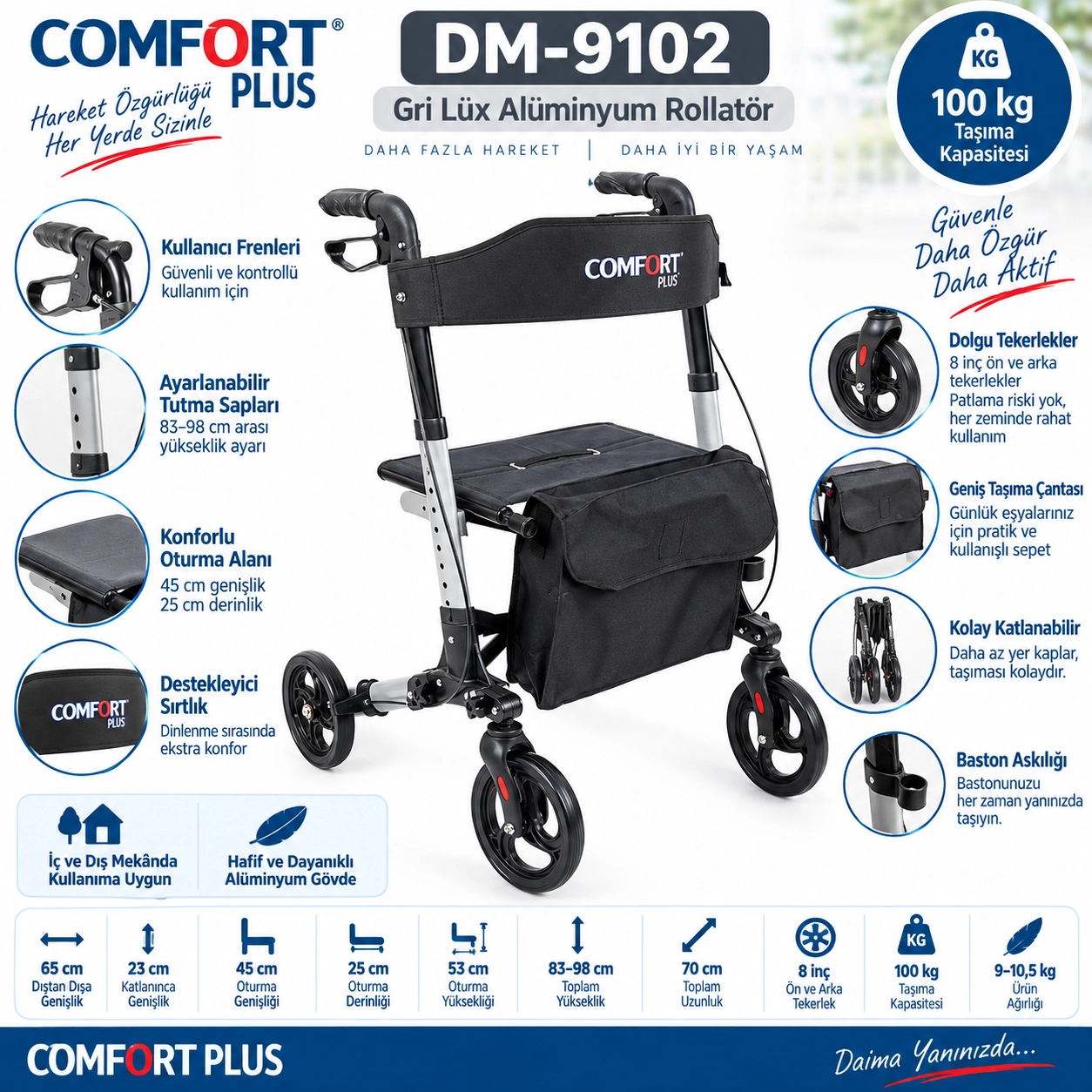 Comfort Plus DM-9102 Gri Lüx Alüminyum Rolatör