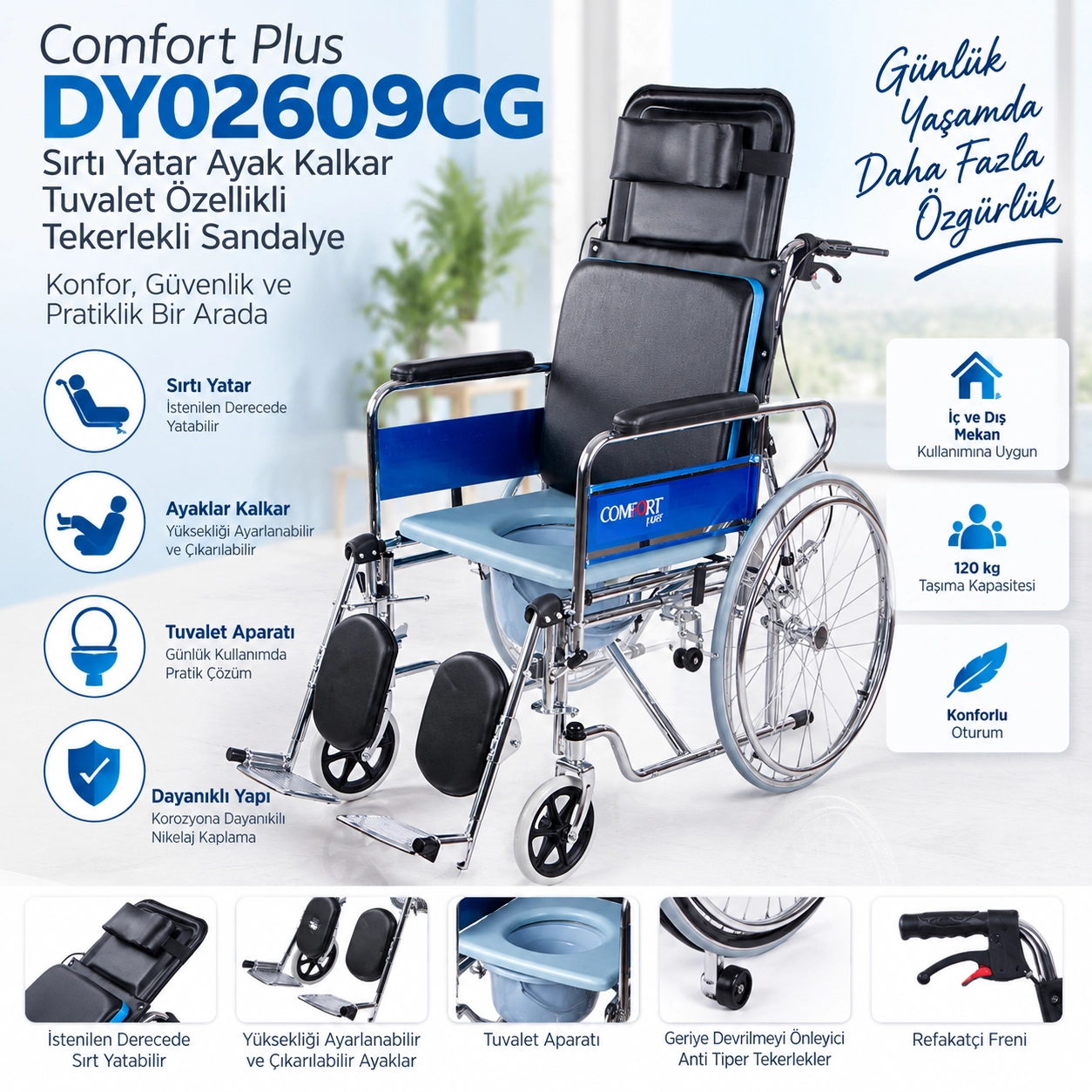 Comfort Plus KY609GC Tuvalet Özellikli Tekerlekli Sandalye