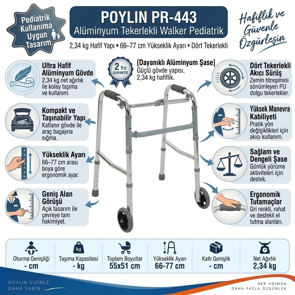 PR-443 Alüminyum Tekerlekli Walker (Pediatrik)