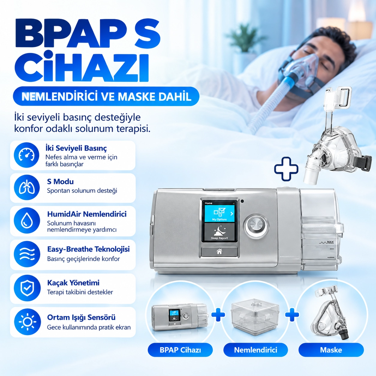 ResMed AirCurve 10 BPAP S Cihazı – Nemlendirici ve Maske Dahil