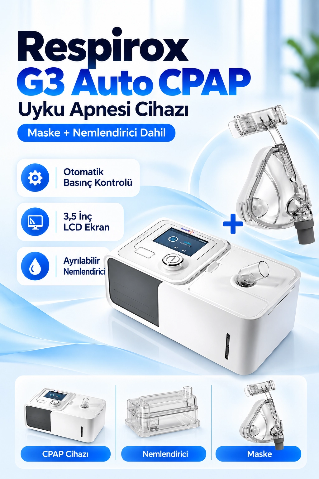 Respirox G3 Auto CPAP Cihazı – Maske ve Nemlendirici Dahil