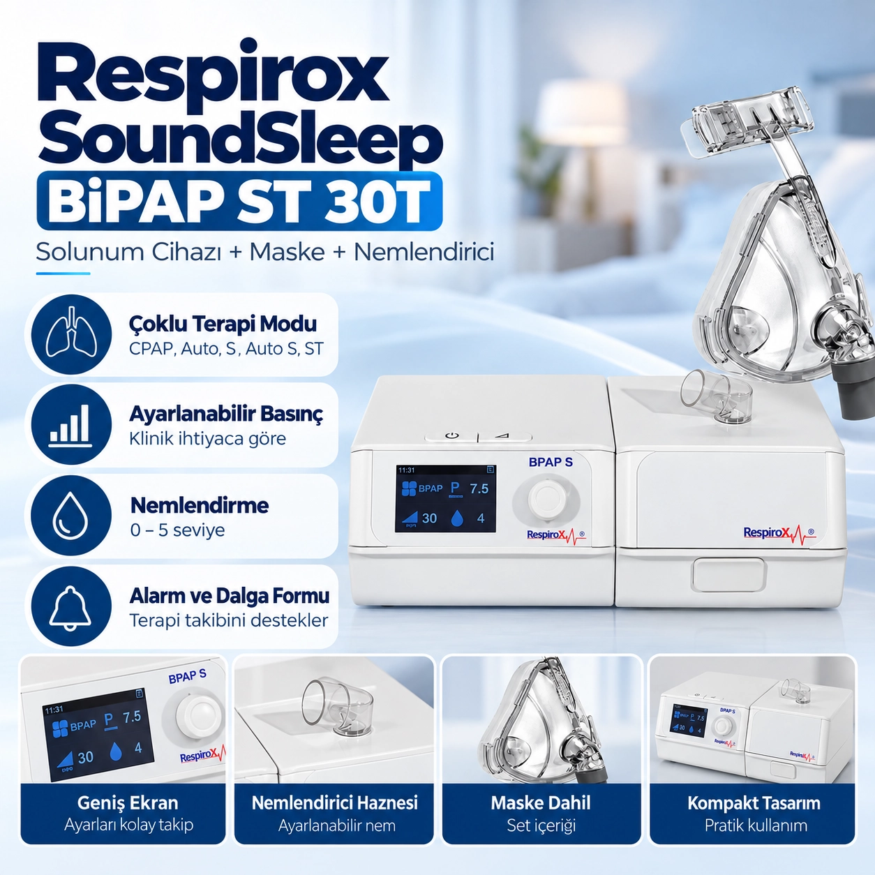 Respirox SoundSleep BiPAP ST Cihazı + Maske+ Nemlendirici