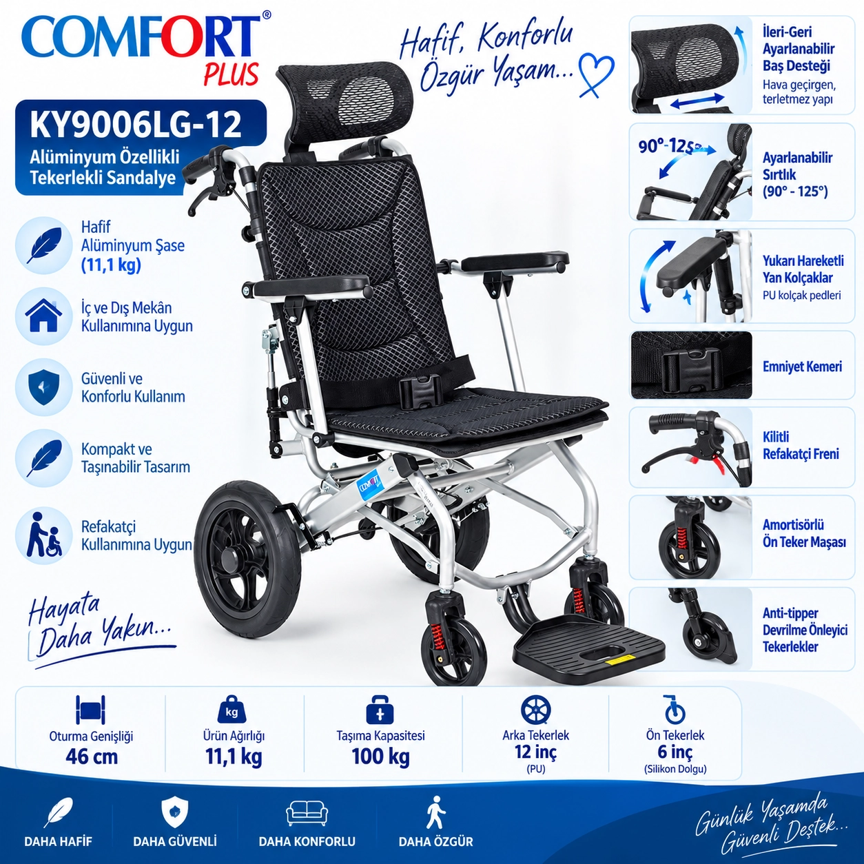 Comfort Plus KY9006LG-12 Alüminyum Özellikli Tekerlekli Sandalye