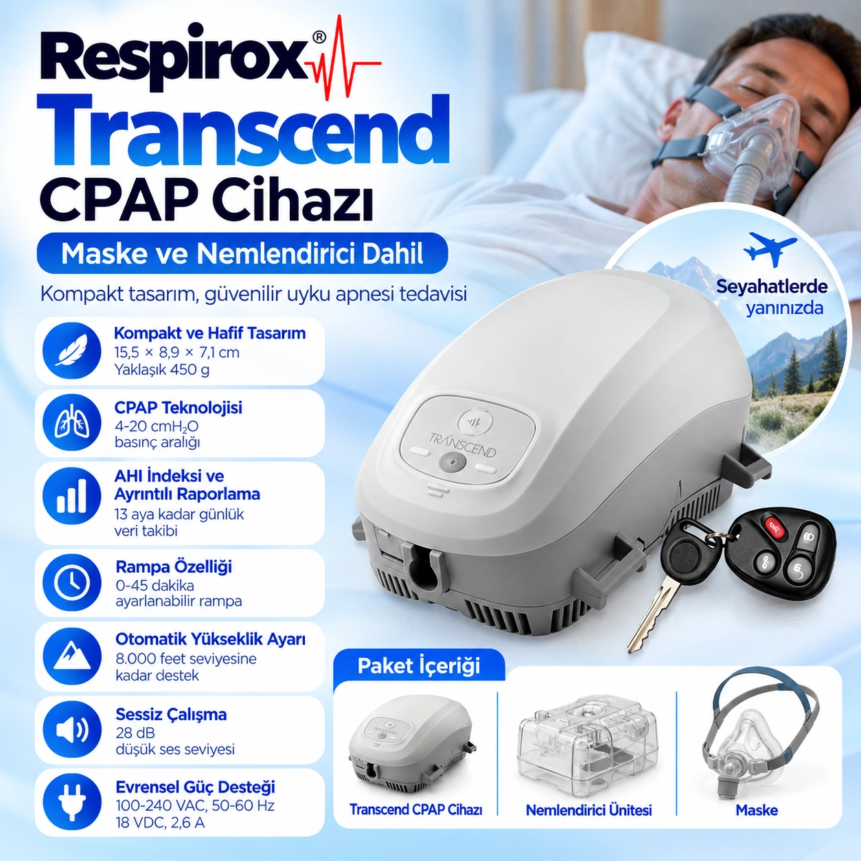 Respirox Transcend CPAP Cihazı – Maske ve Nemlendirici Dahil