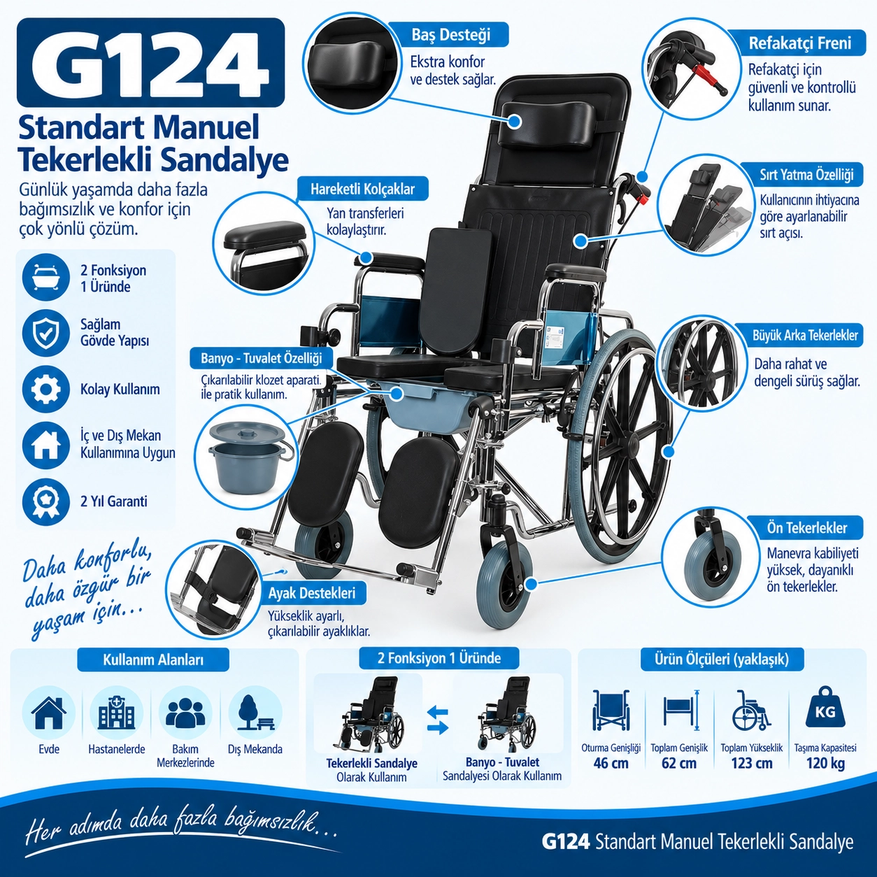 Golfi G124 Multi Fonksiyonel Tekerlekli Sandalye