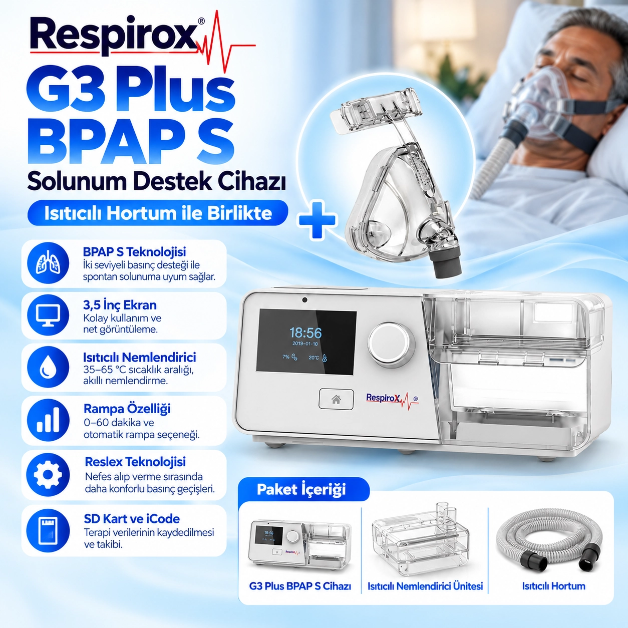 Respirox G3 Plus BPAP S Cihazı – Isıtıcılı Hortum Dahil