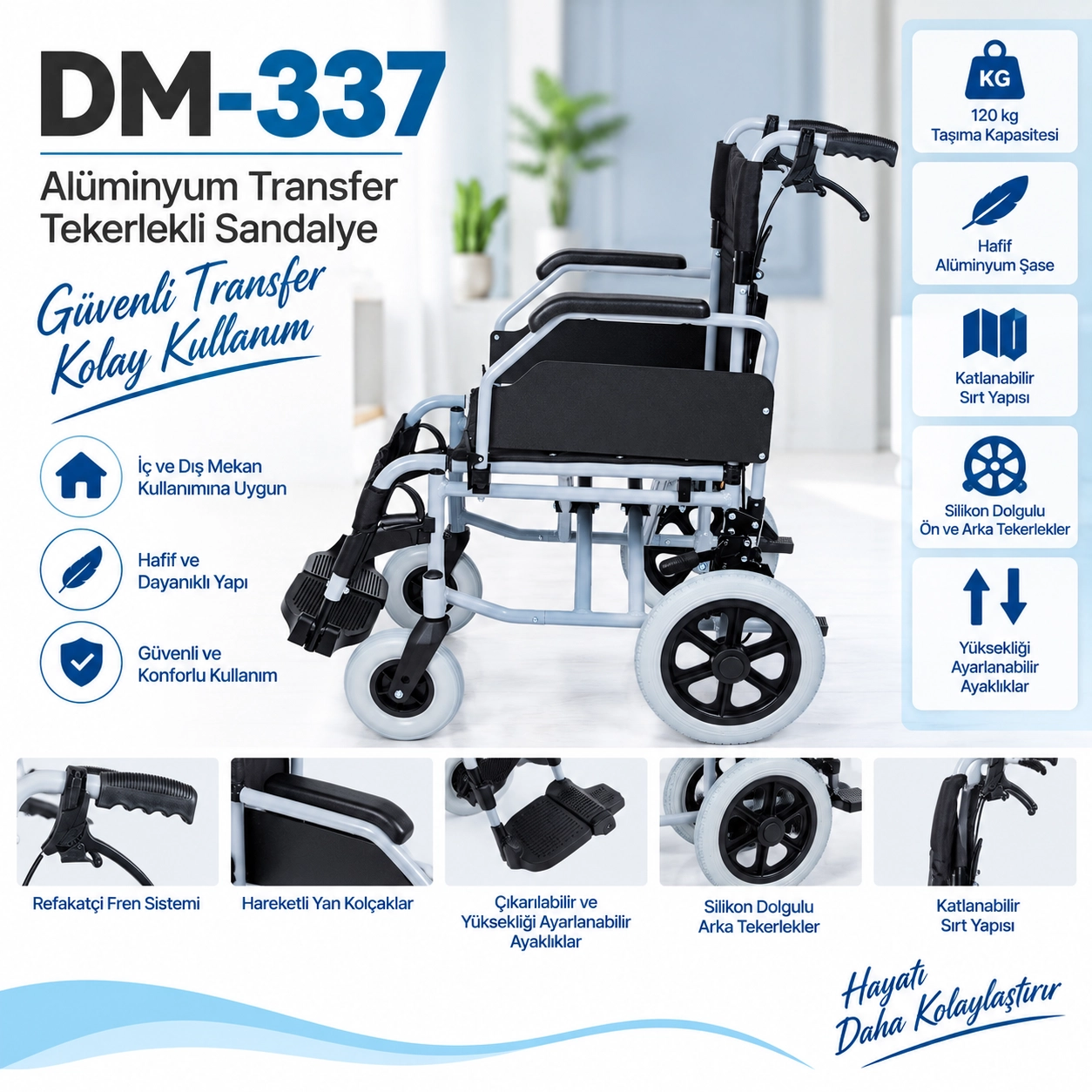 Comfort Plus DM-337 Alüminyum Özellikli Transfer Tekerlekli Sandalye
