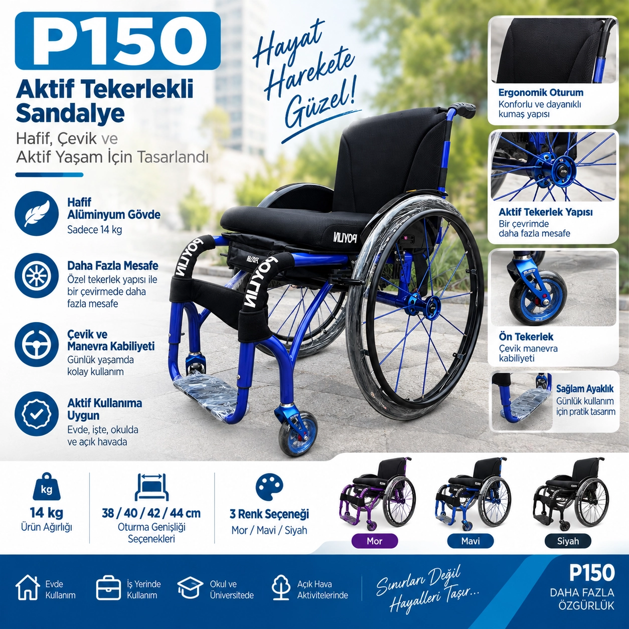 Poylin P150 Aktif Tekerlekli Sandalye (Alüminyum)