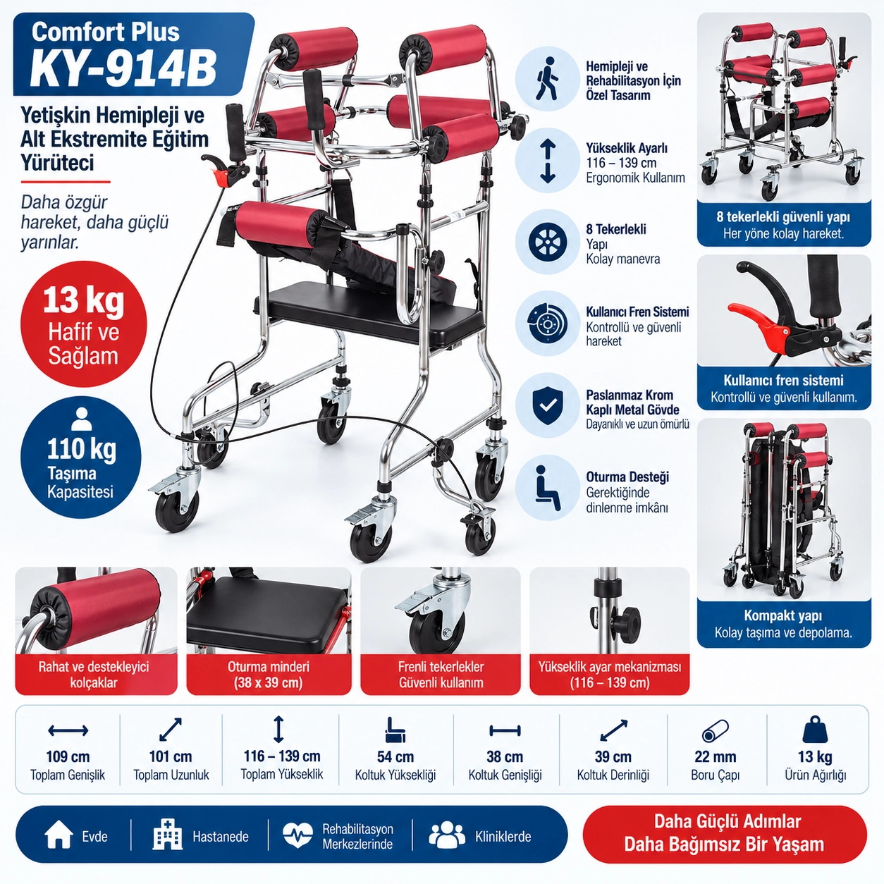 Comfort Plus KY-914B Yetişkin Hemipleji ve Alt Ekstremite Eğitim Yürüteçi