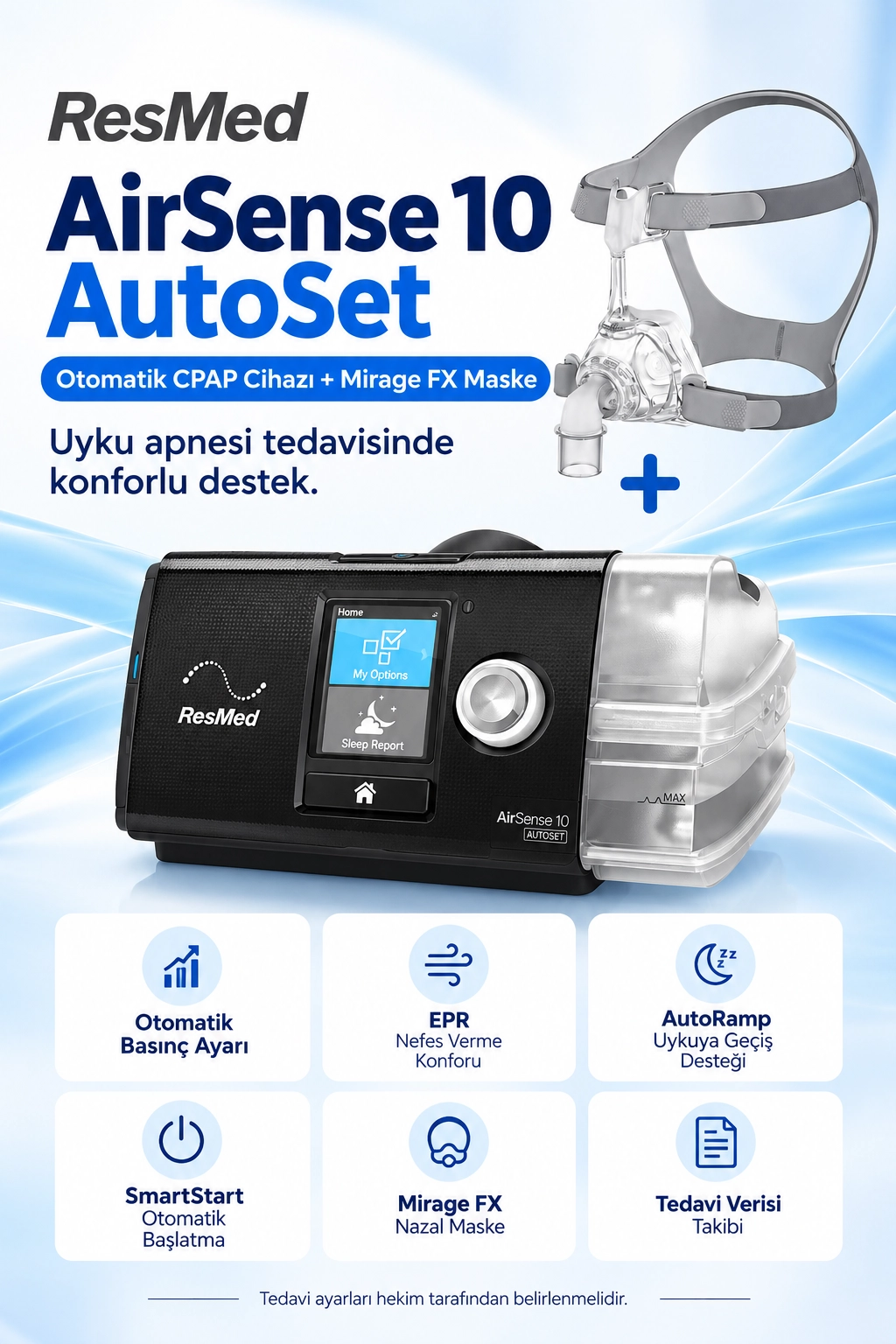 ResMed AirSense 10 AutoSet Otomatik CPAP Cihazı + Mirage FX Maske