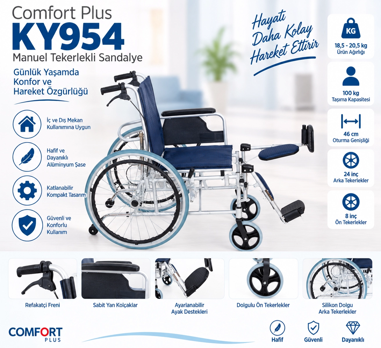Comfort Plus KY954LGC-46 Alüminyum Özellikli Tekerlekli Sandalye