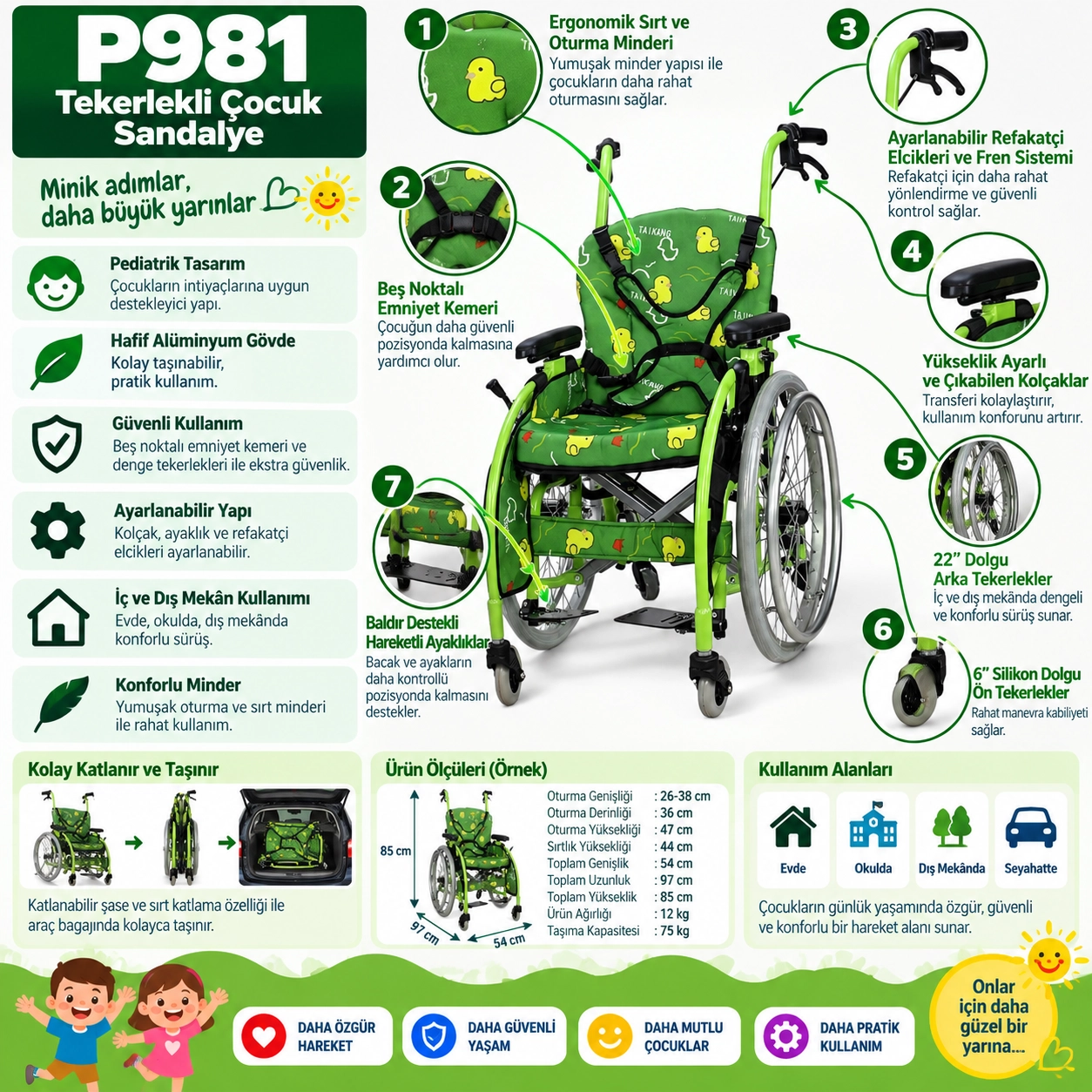 Poylin P981 Pediatrik Çocuk Tekerlekli Sandalyesi