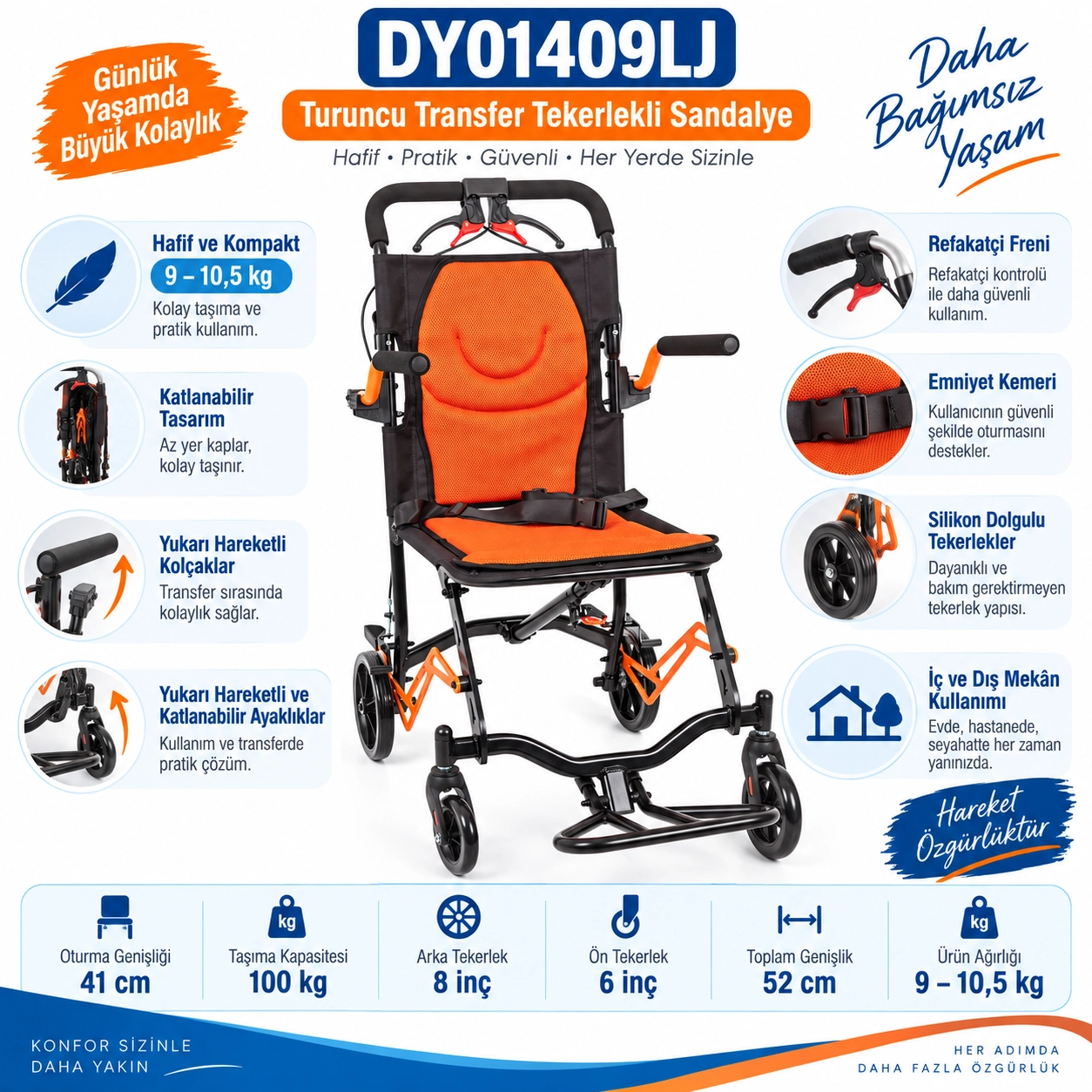 Comfort Plus DY01409LJ Turuncu Transfer Tekerlekli Sandalye