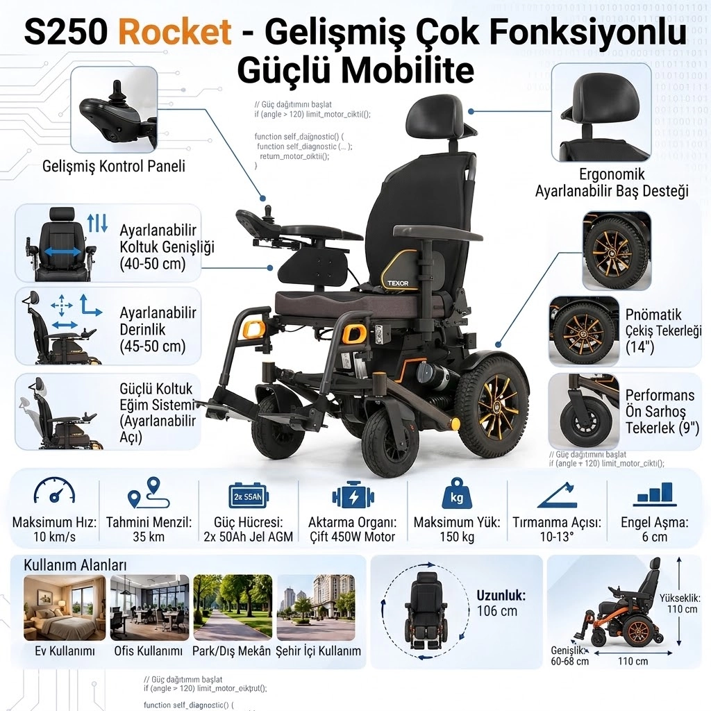 S250 Rocket Multi-fonksiyonel Akülü Tekerlekli Sandalye