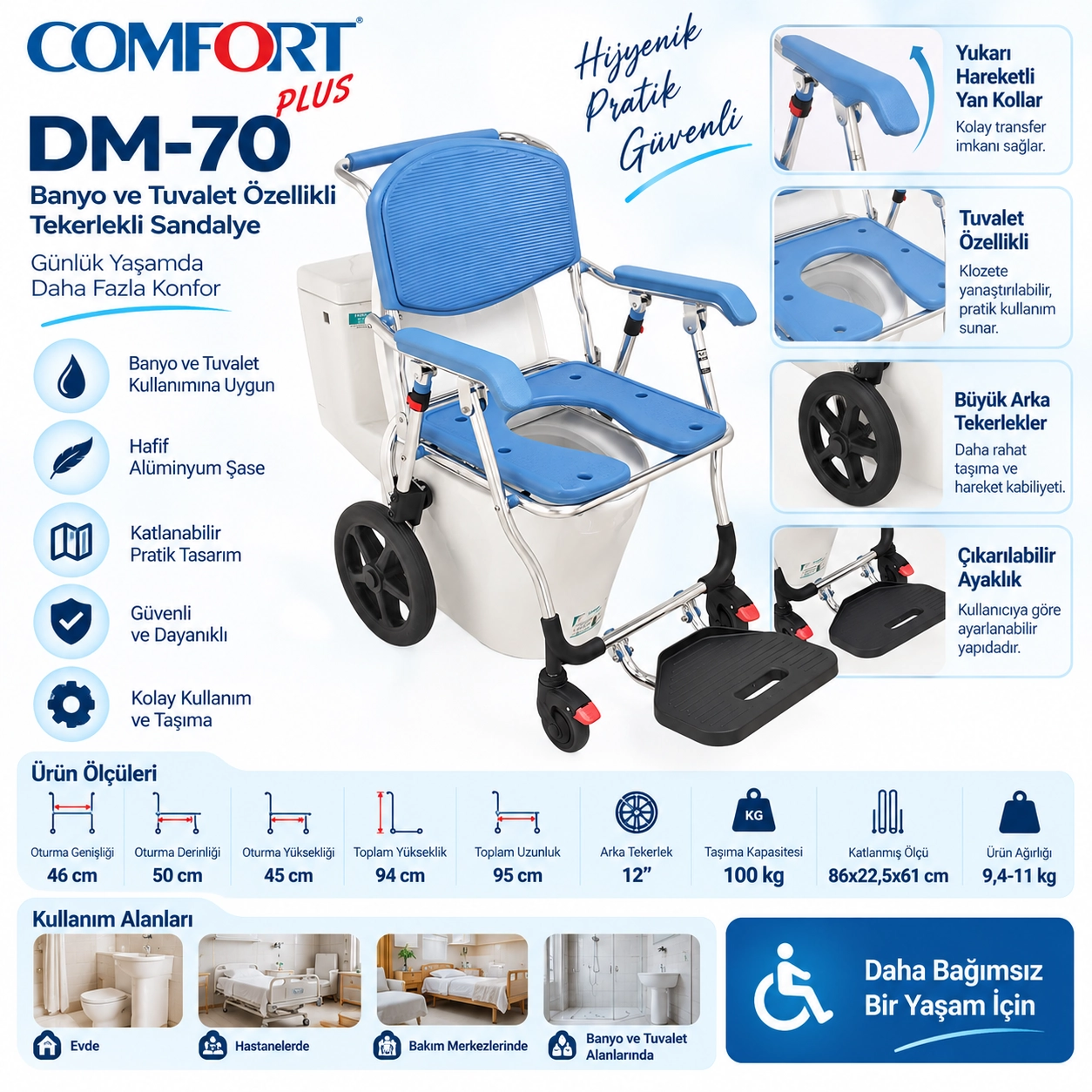 Comfort Plus DM-70 Banyo ve Tuvalet Özellikli Tekerlekli Sandalye