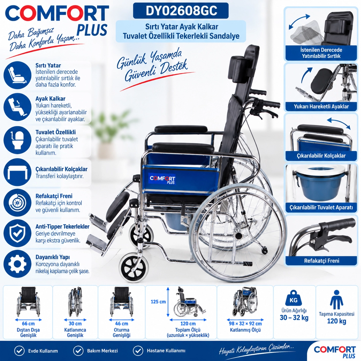 Comfort Plus DY02608GC Sırtı Yatar Ayak Kalkar Tuvalet Özellikli Tekerlekli Sandalye