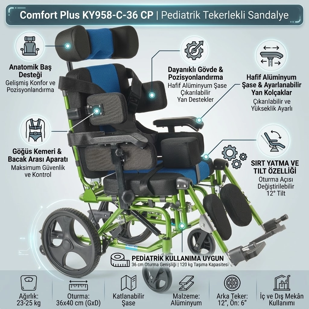 Comfort Plus KY958-C-36 CP Özellikli Pediatrik Tekerlekli Sandalye