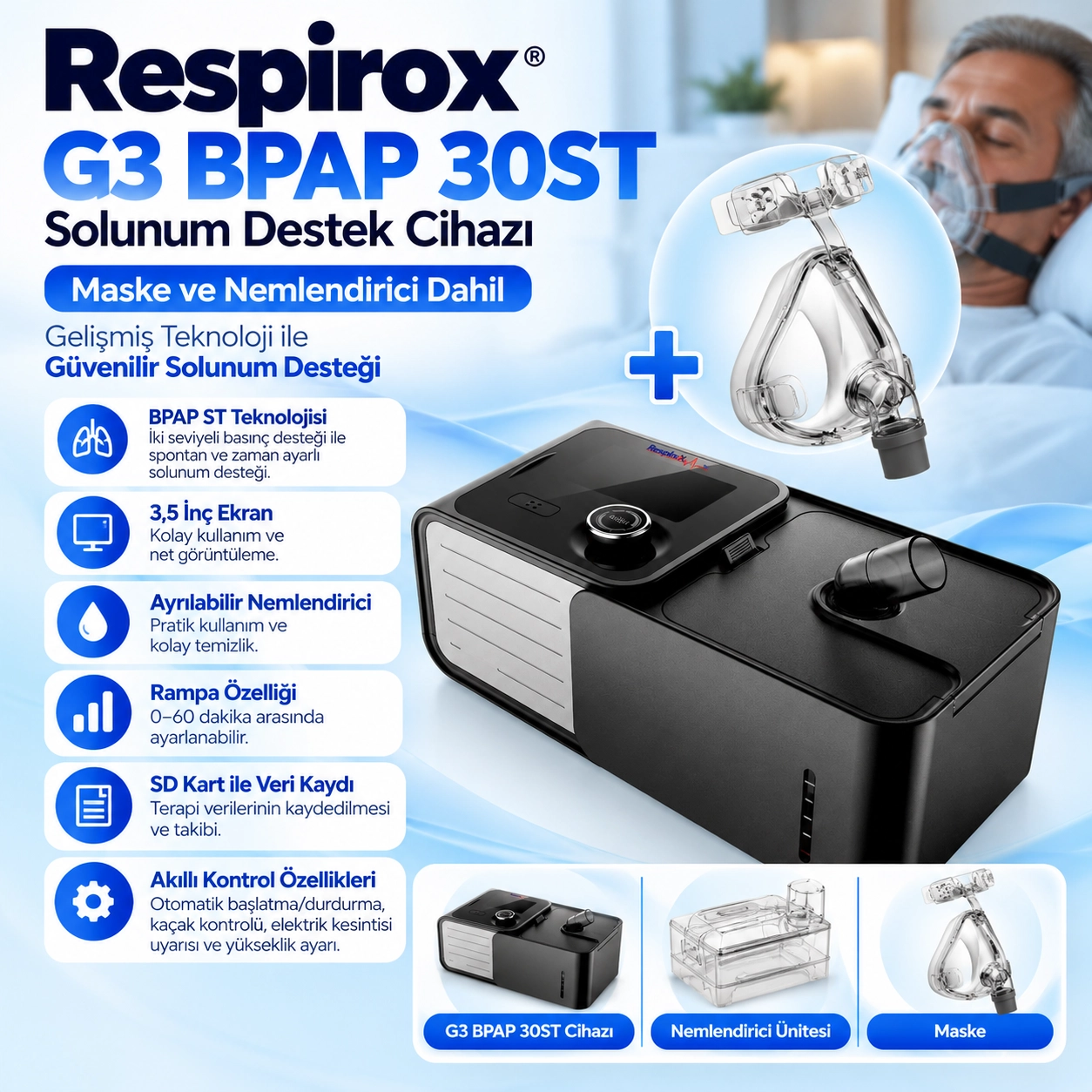 Respirox G3 BPAP 30ST Cihazı – Maske ve Nemlendirici Dahil