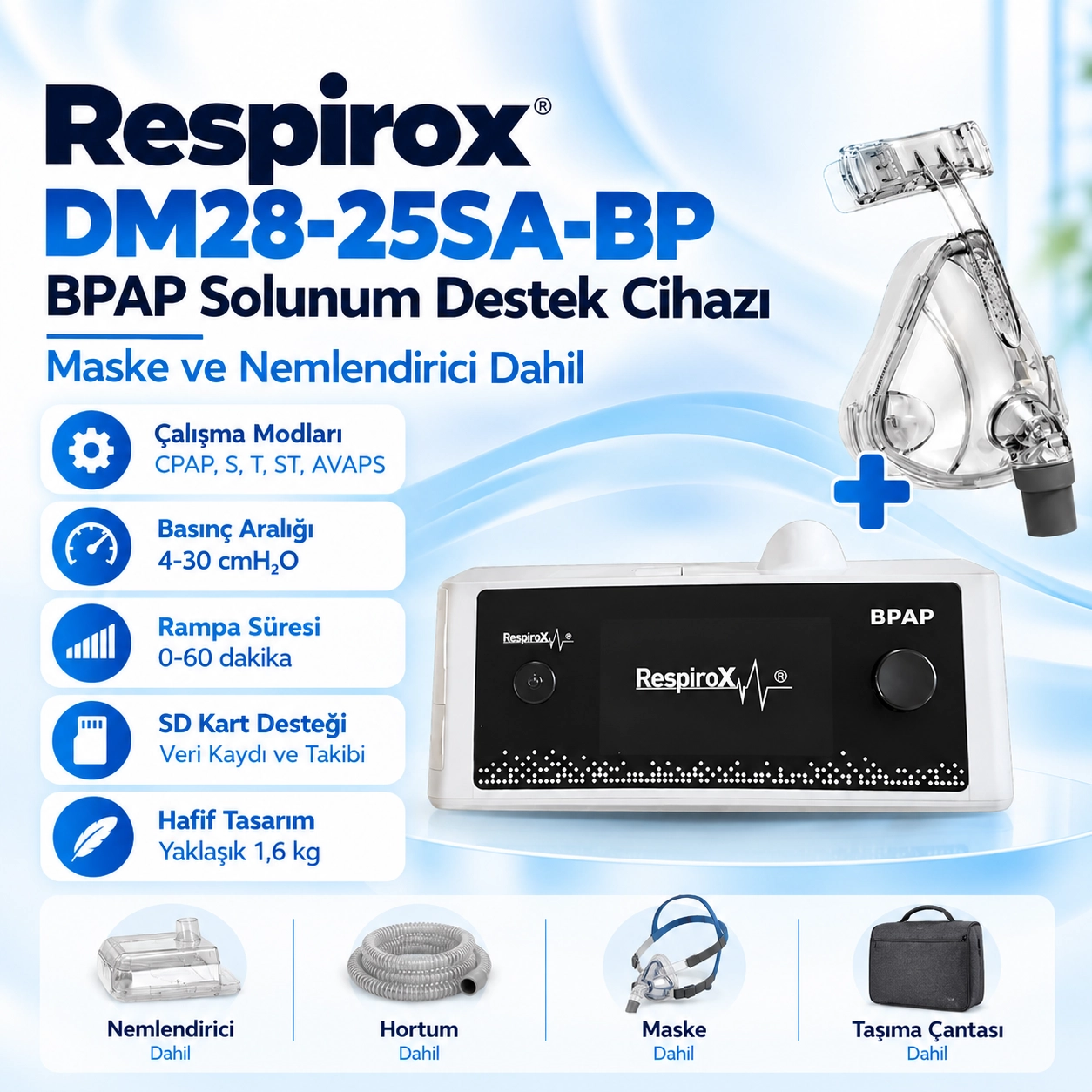 Respirox DM28-25SA-BP BPAP Cihazı – Maske ve Nemlendirici Dahil