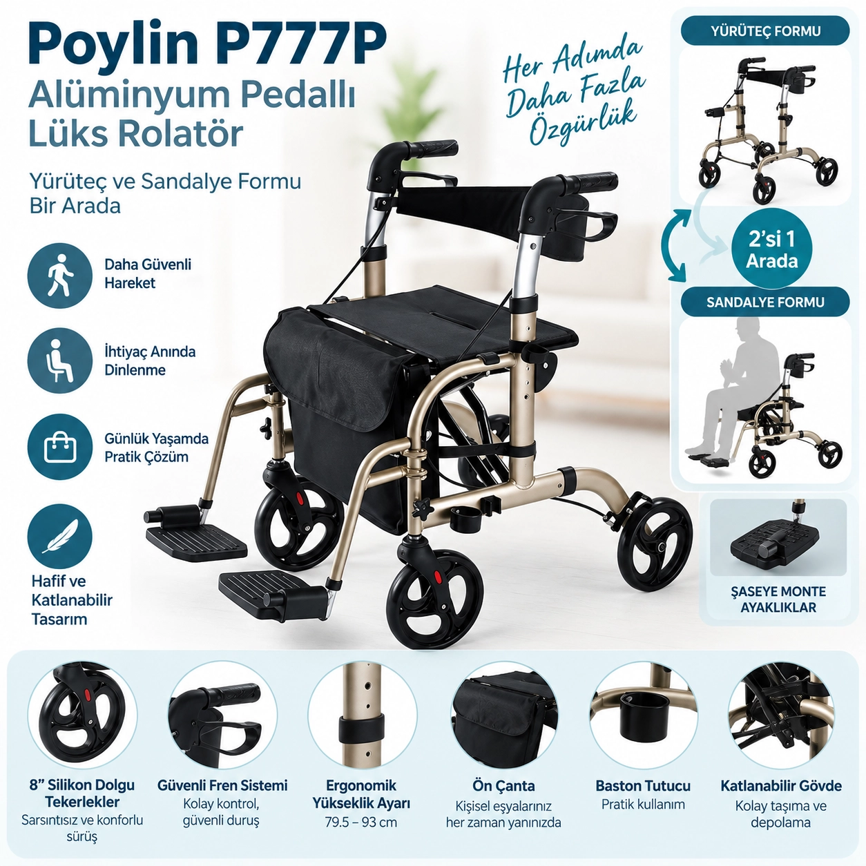 Poylin P777P Ayaklıklı Lüx Rollatör