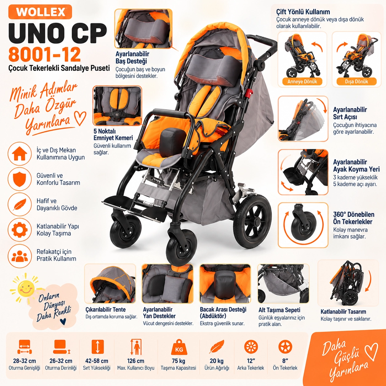 WOLLEX 8001-12 UNO CP Engelli Çocuk Puseti