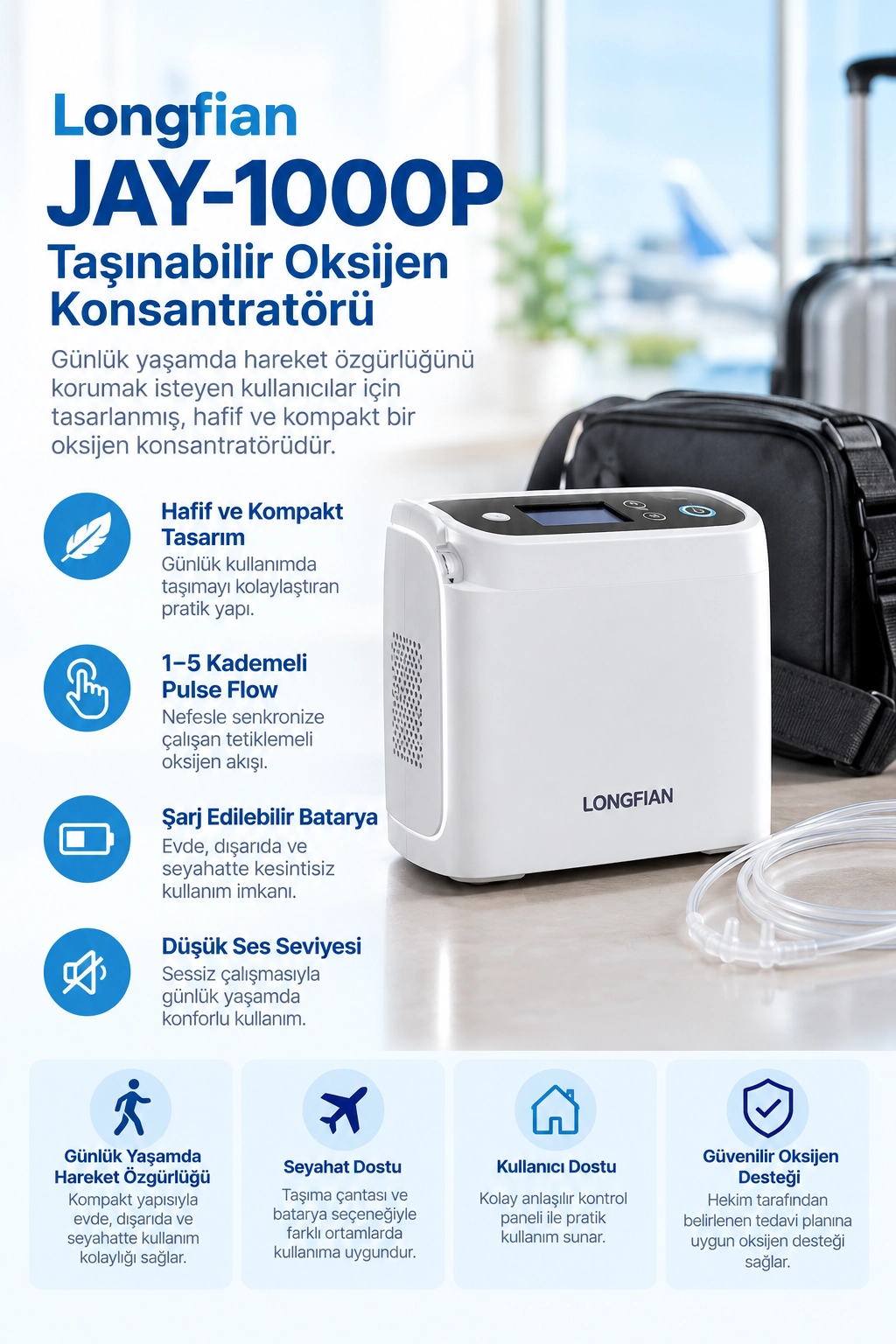 Longfian JAY-1000P Taşınabilir Oksijen Konsantratörü 