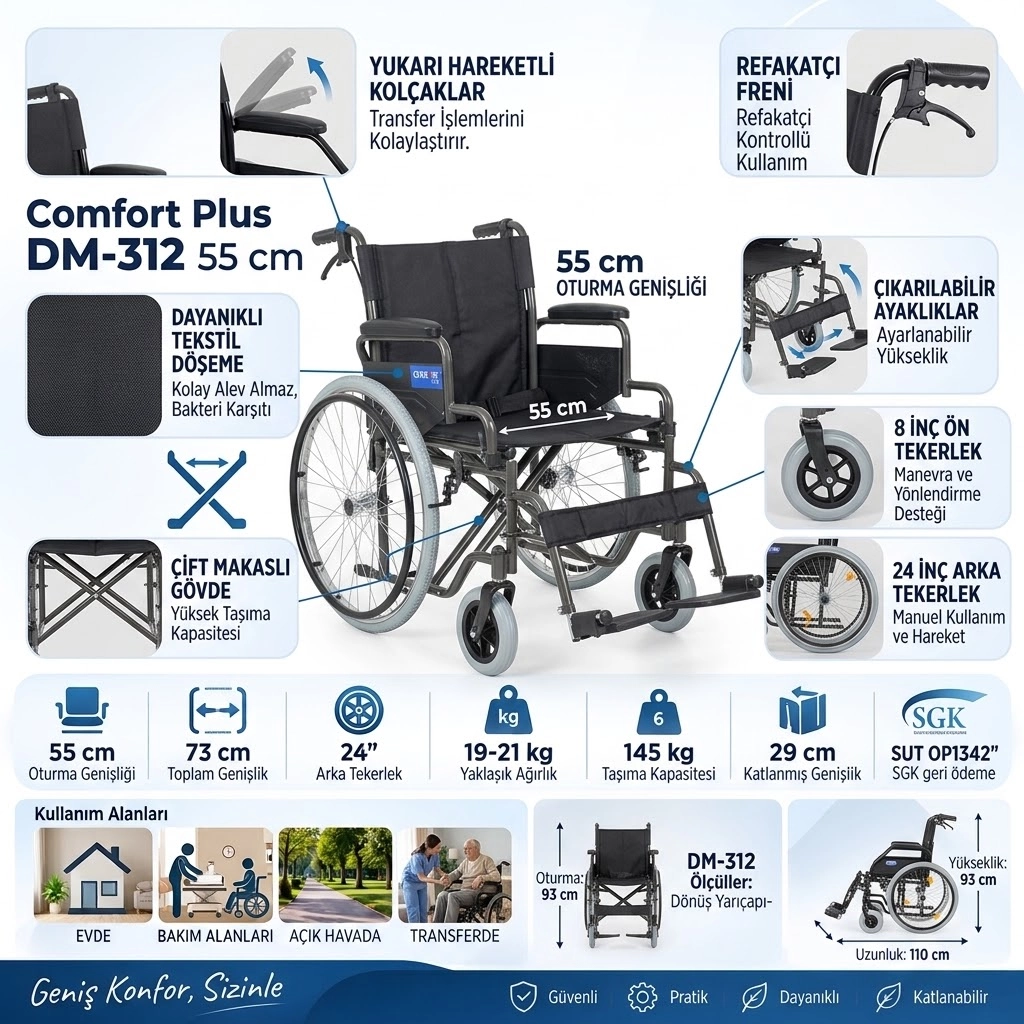Comfort Plus DM-312 55cm Titanyum Tekerlekli Sandalye