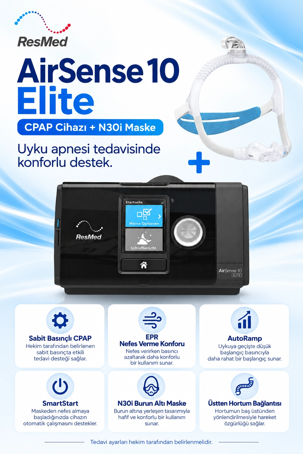 ResMed AirSense 10 Elite CPAP Cihazı + N30i Nazal Maske