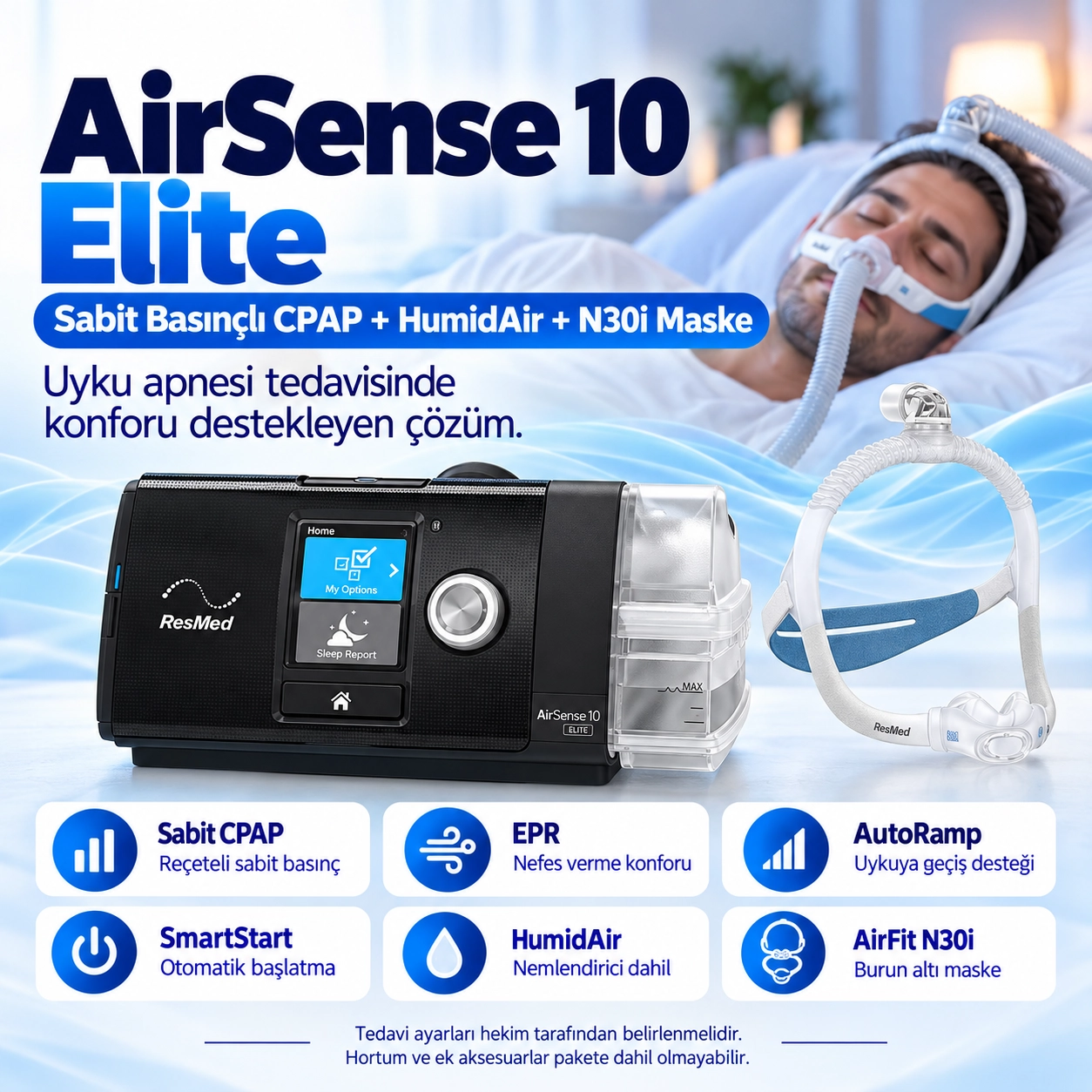 ResMed AirSense 10 Elite CPAP Cihazı + HumidAir Nemlendirici + N30i Maske