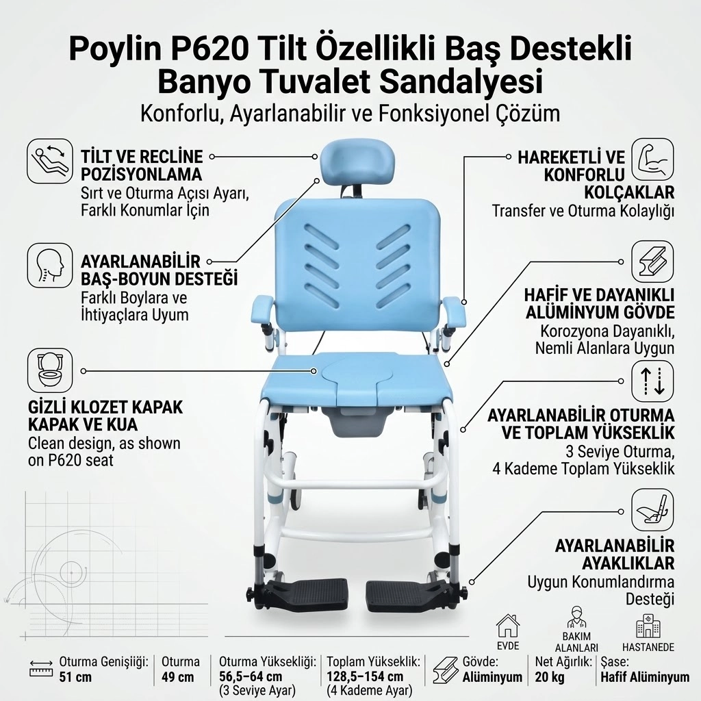 Poylin P620 Tilt Özellikli Baş Destekli Alüminyum Banyo Tuvalet Sandalyesi