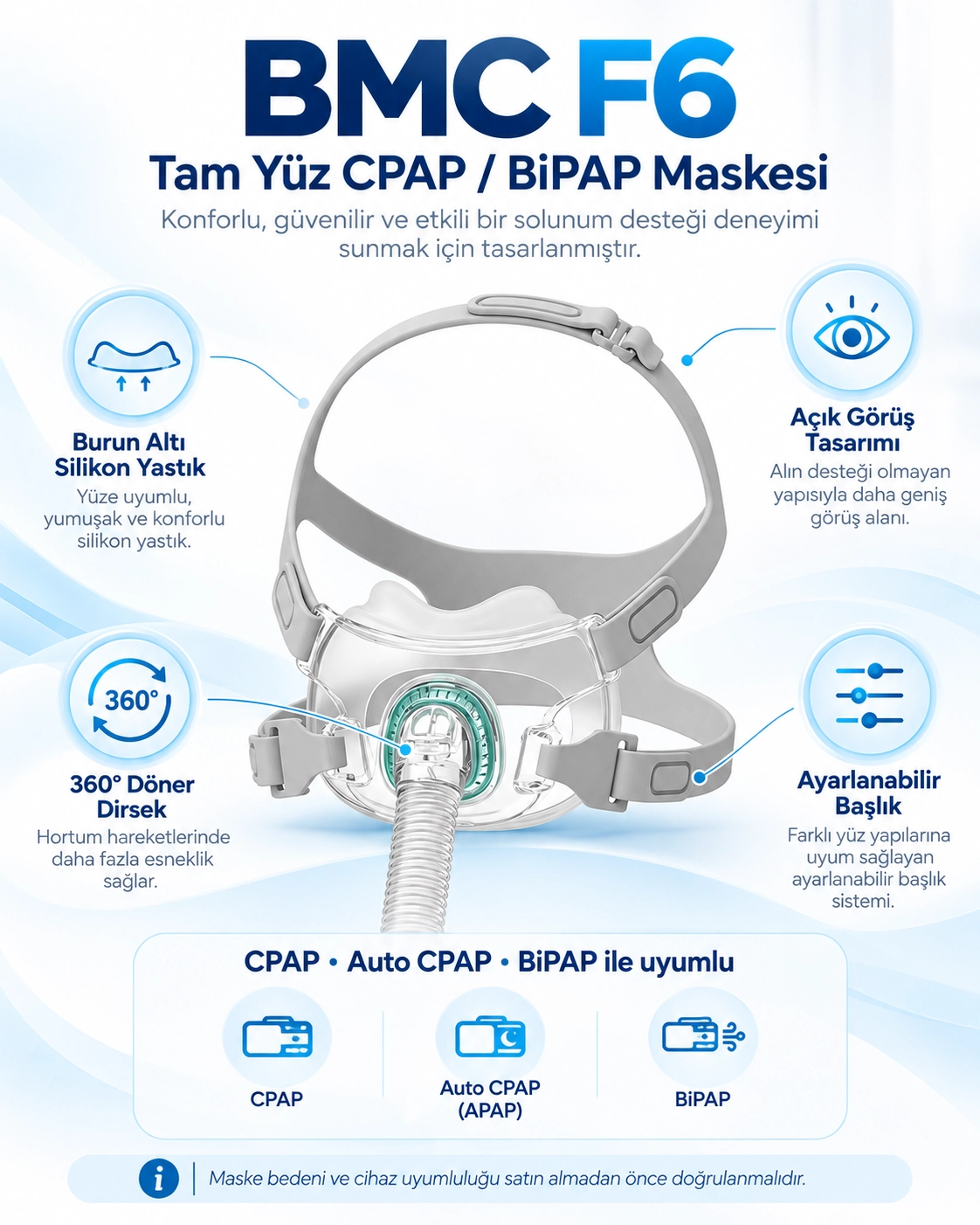 BMC F6 Tam Yüz CPAP BiPAP Maskesi 