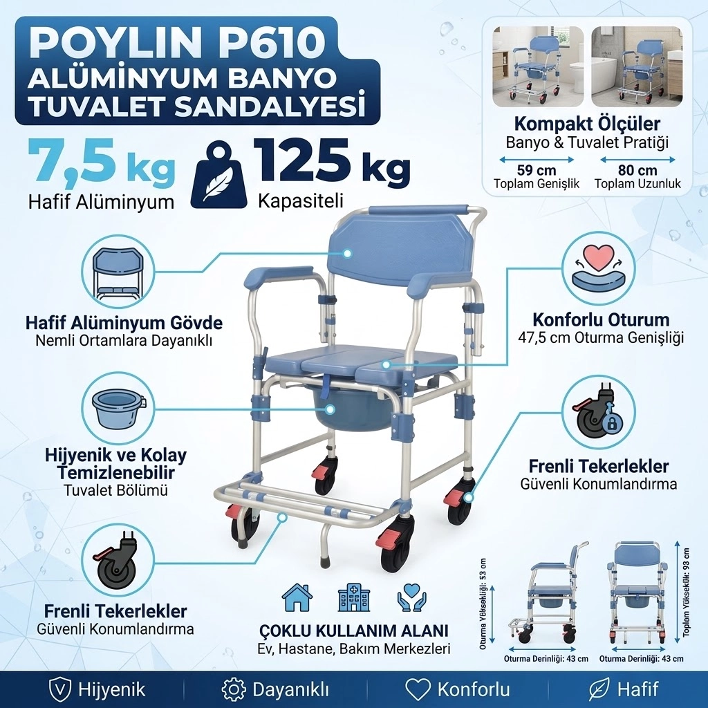 Poylin P610 Alüminyum Banyo Tuvalet Sandalyesi
