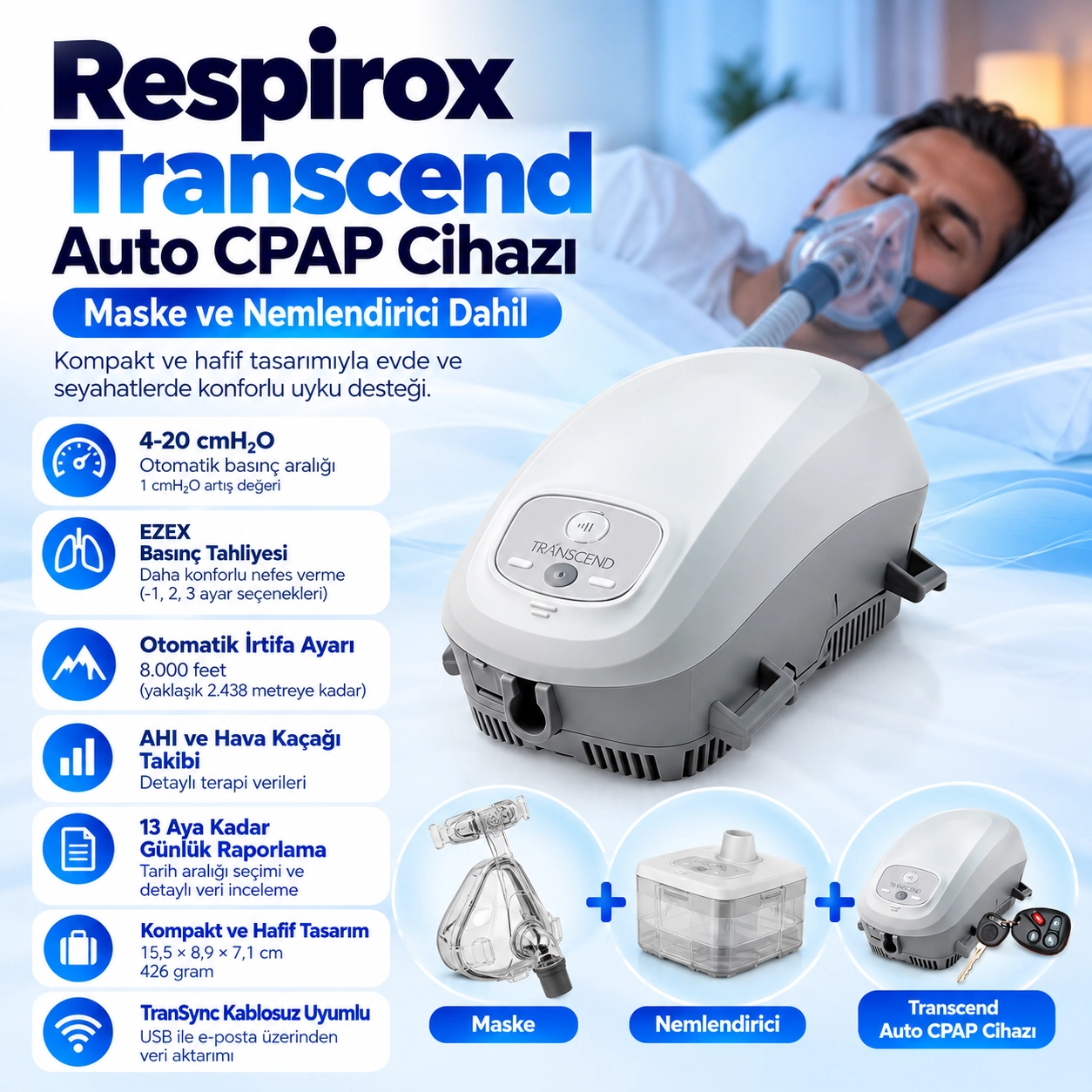 Respirox Transcend Auto CPAP Cihazı – Maske ve Nemlendirici Dahil
