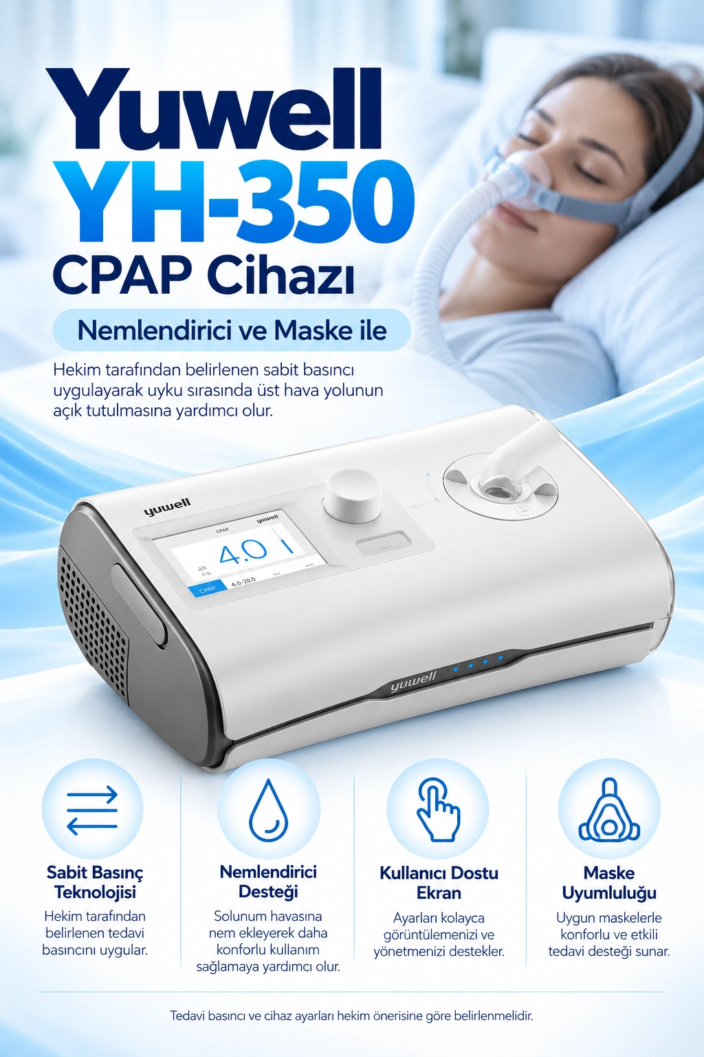 Yuwell YH-350 CPAP Cihazı + Nemlendirici + Maske