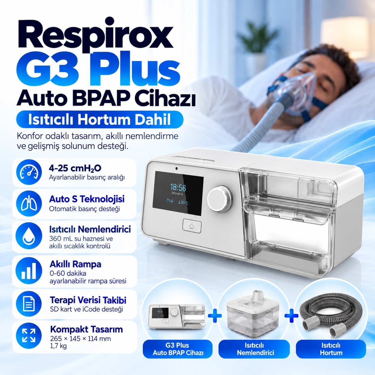 Respirox G3 Plus Auto BPAP Cihazı – Isıtıcılı Hortum Dahil