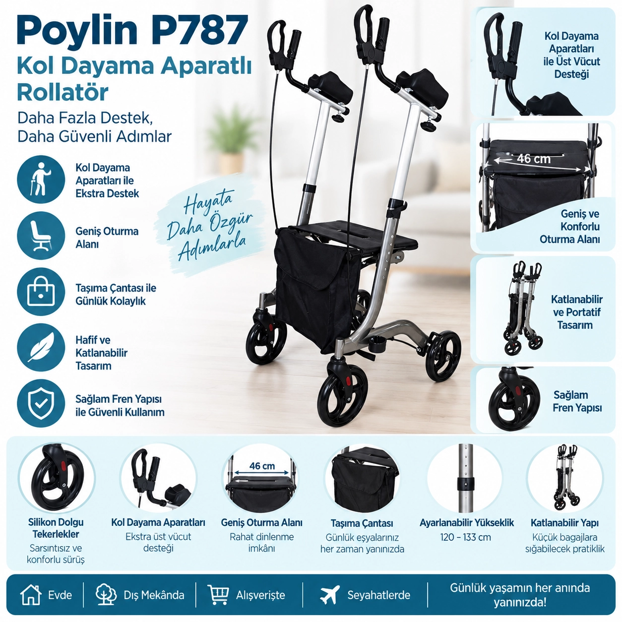 Poylin P787 Kol Dayamalı Lüks Rollatör