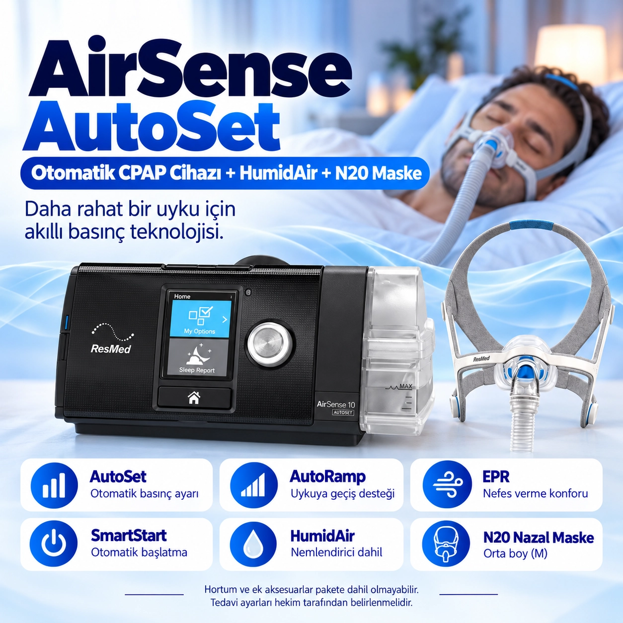 ResMed AirSense AutoSet CPAP Cihazı + HumidAir Nemlendirici + N20 Maske