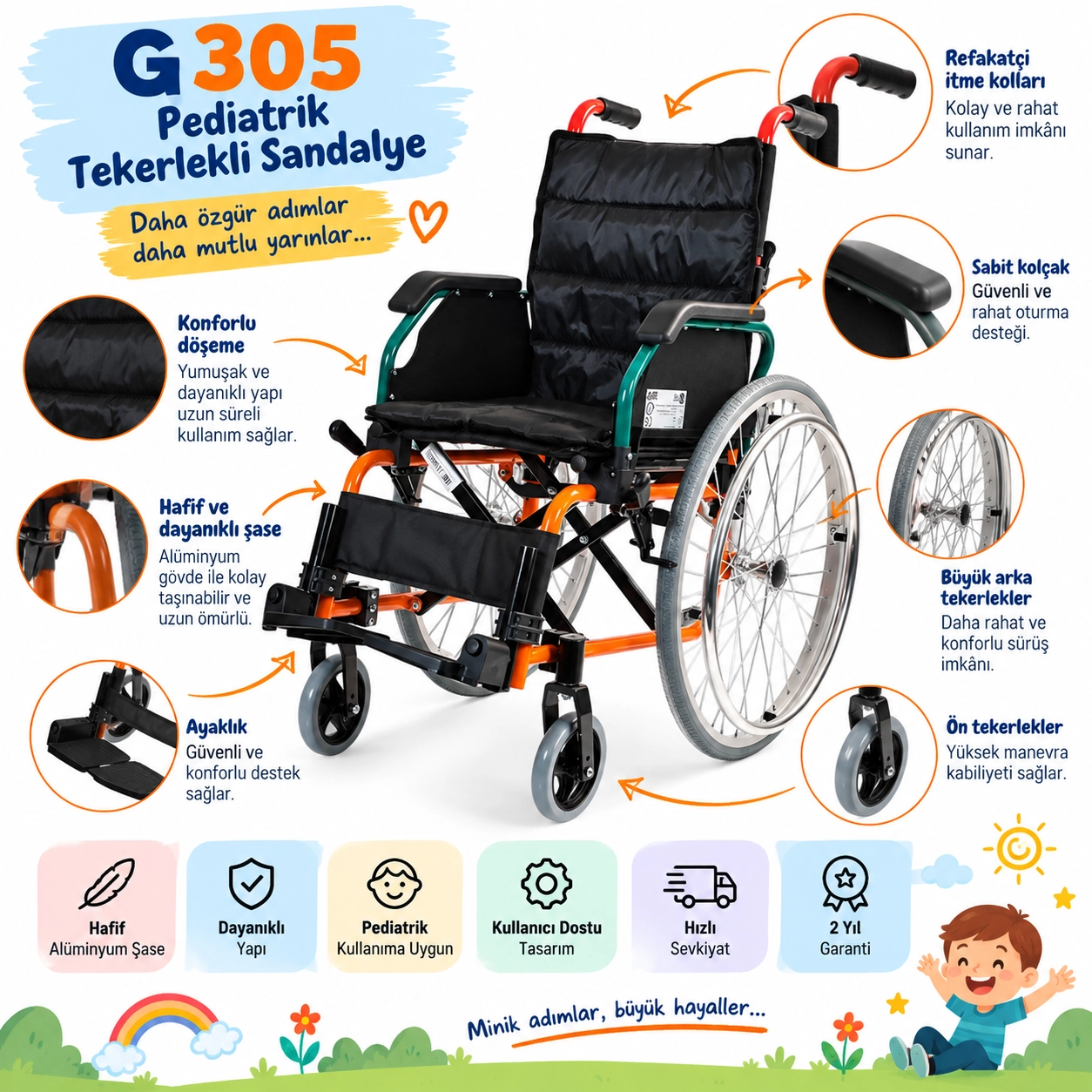 Golfi G305 Alüminyum Pediatrik Tekerlekli Sandalye