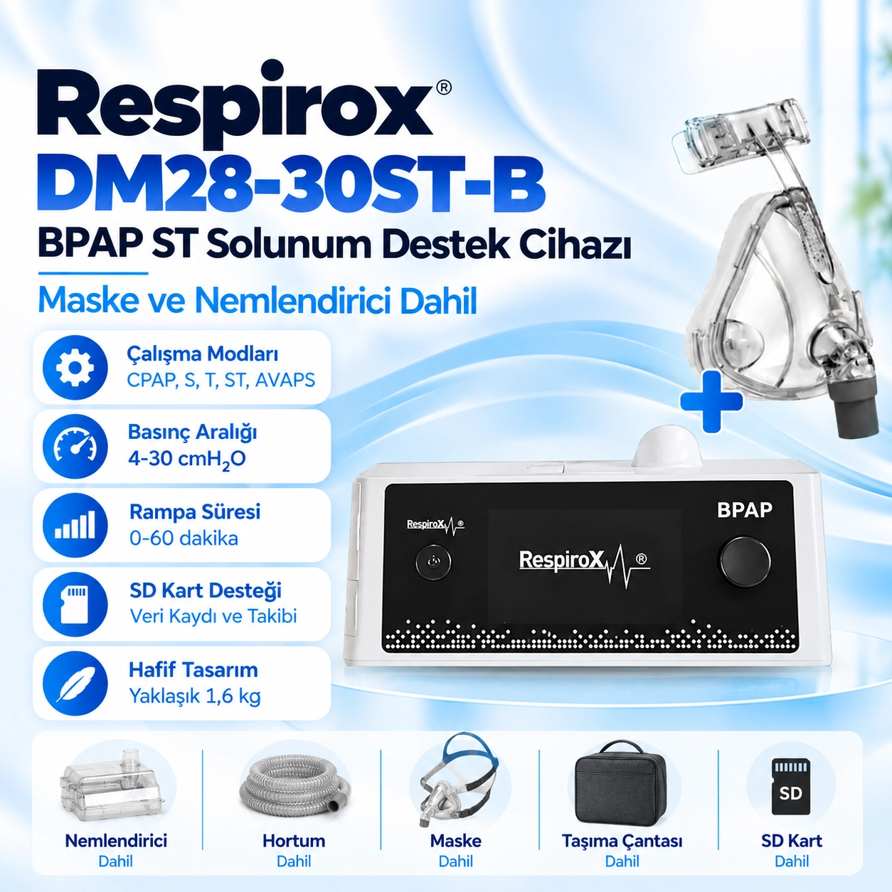 Respirox DM28 BiPAP ST Cihazı – Maske ve Nemlendirici Dahil
