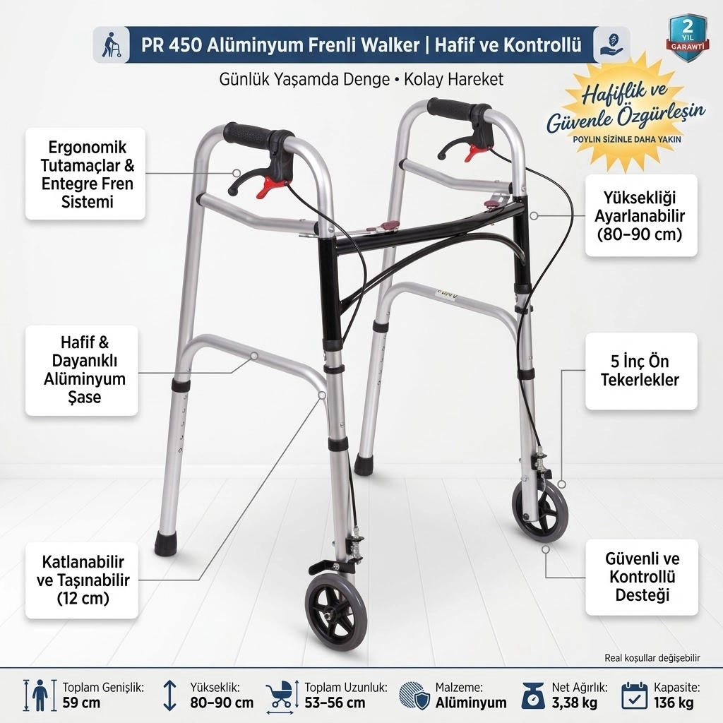 PR-450 Alüminyum Frenli Walker