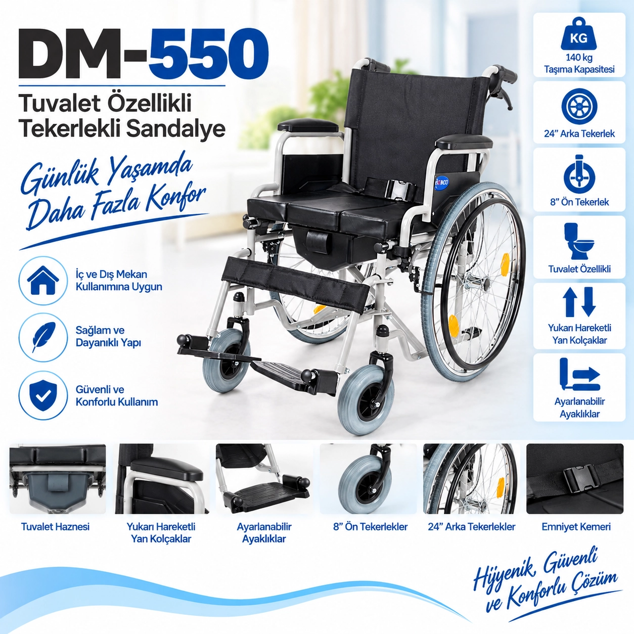 Comfort Plus DM-550 50cm Tuvalet WC Özellikli Tekerlekli Sandalye