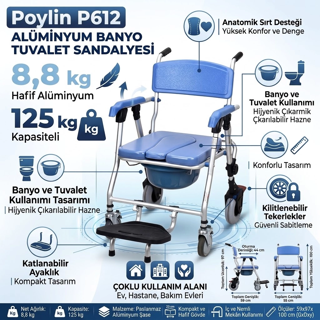 Poylin P612 Alüminyum Banyo Tuvalet Sandalyesi