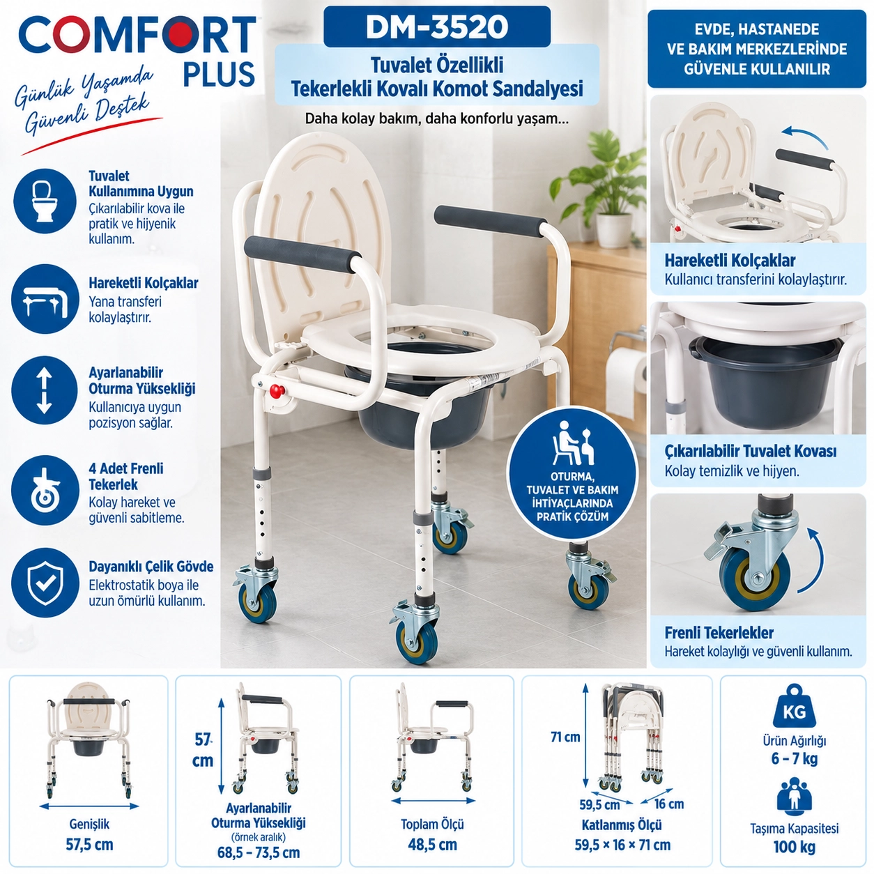 Comfort Plus DM-3520 Tuvalet Özellikle Tekerlekli Kovalı Komot Sandalyesi