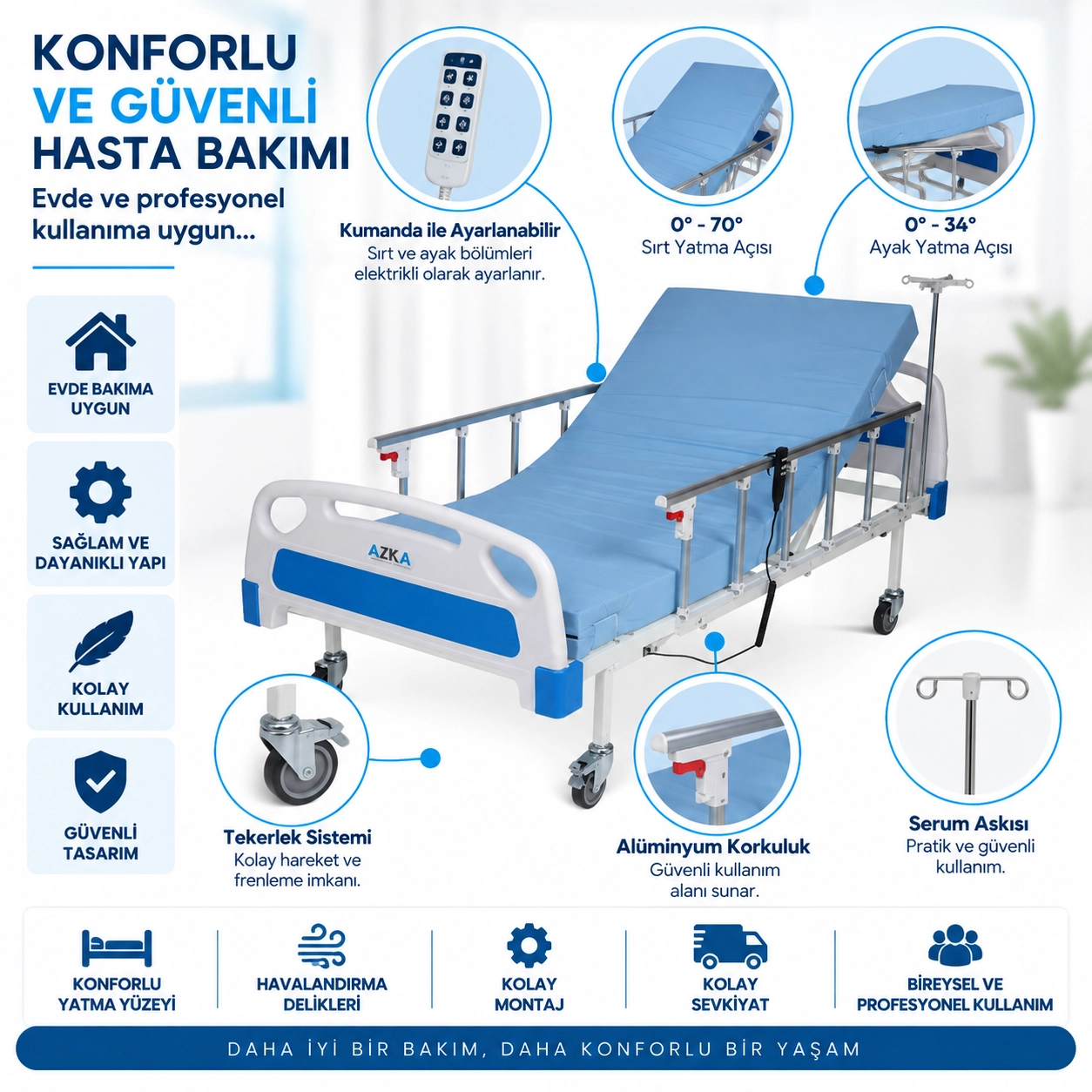 AZKA DE04 Alümi̇nyum Korkuluklu Ekonomi̇k Hasta Karyolası
