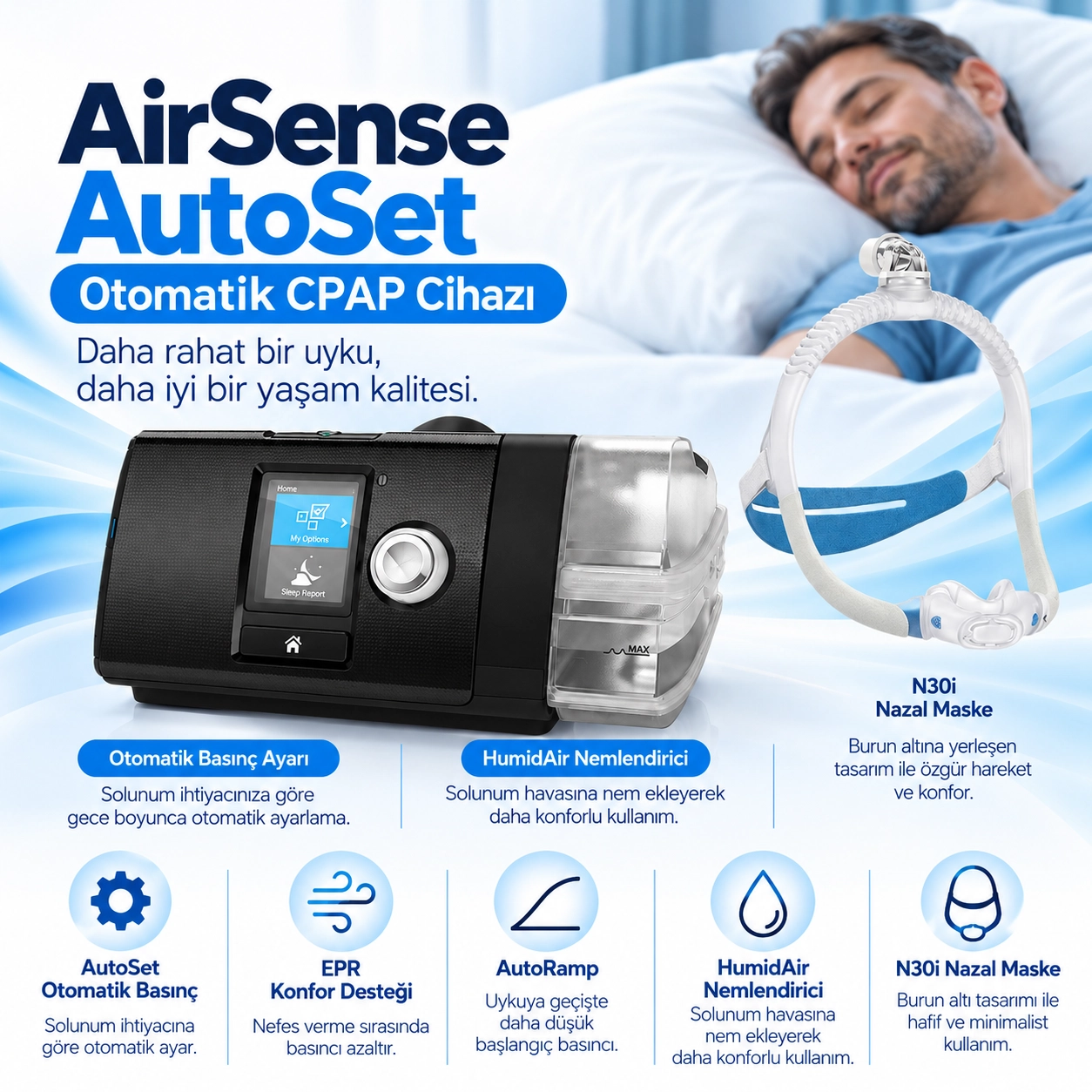 ResMed AirSense AutoSet Otomatik CPAP Cihazı + HumidAir Nemlendirici + N30i Maske