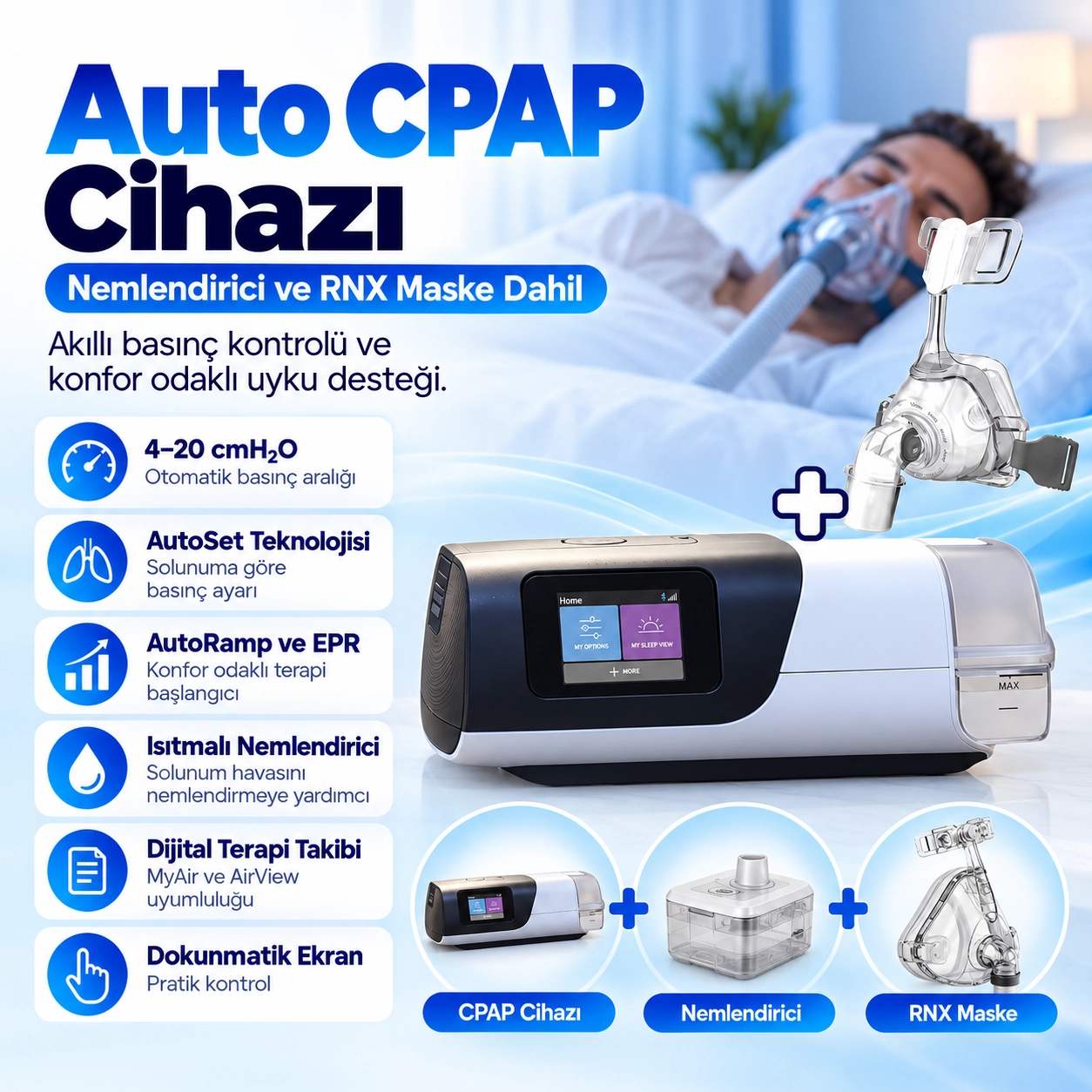 ResMed AirSense 11 AutoSet CPAP Cihazı – Nemlendirici ve RNX Maske Dahil