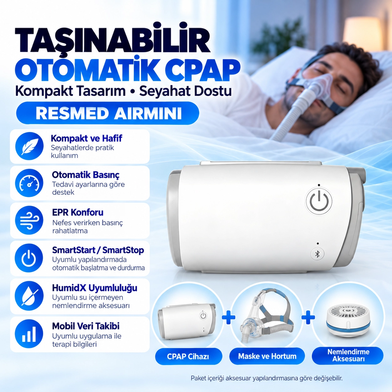 ResMed AirMini Otomatik CPAP Cihazı – Taşınabilir Uyku Apnesi Cihazı