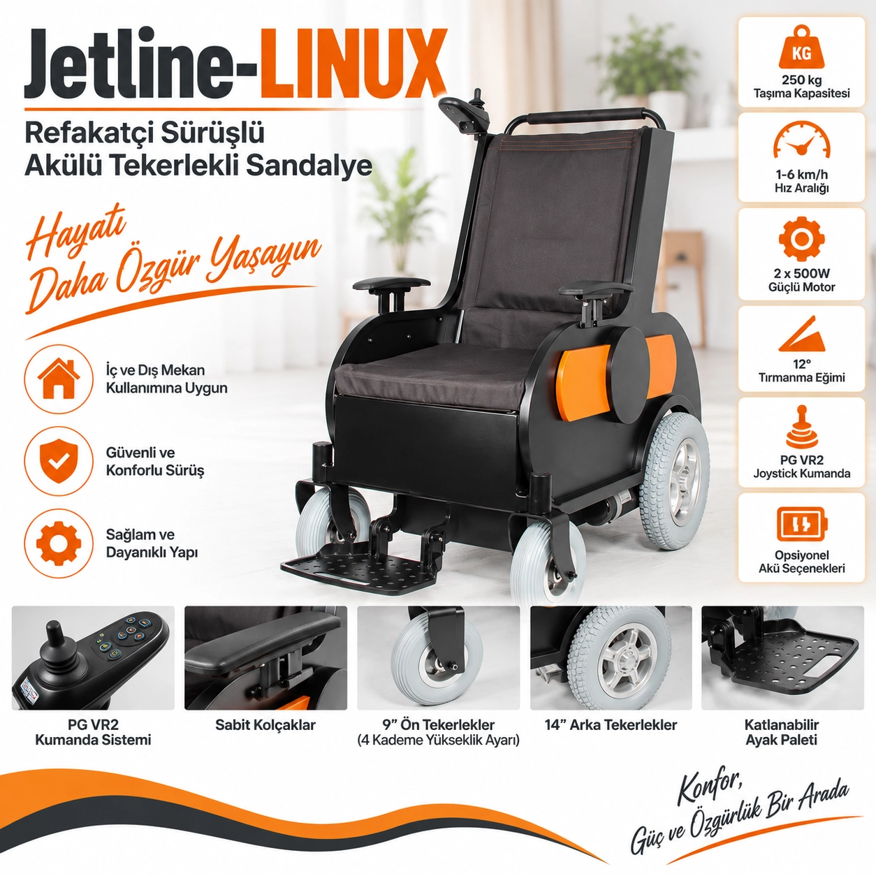 Jetline-Linux Refakatçi Sürüşlü Akülü Tekerlekli Sandalye